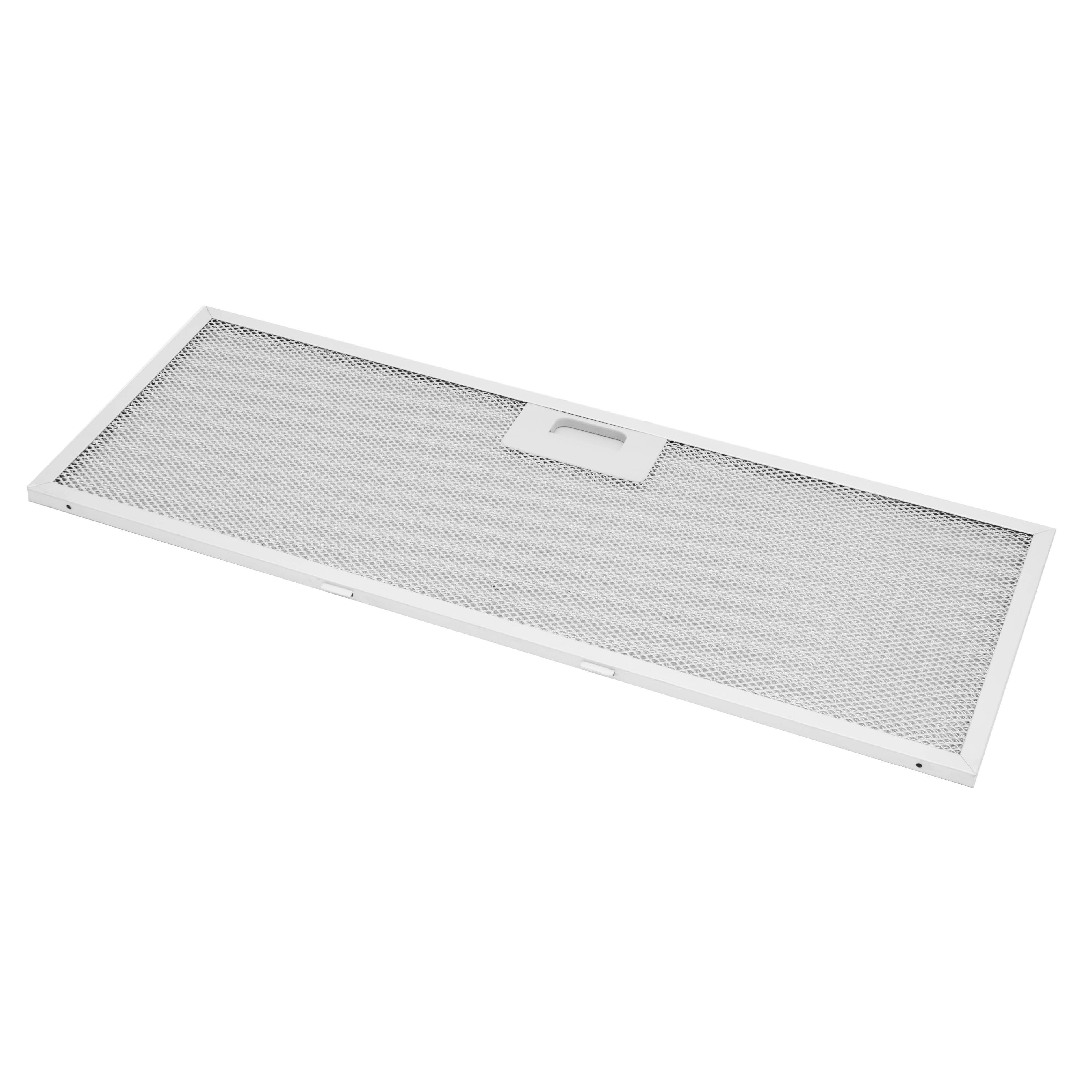 Een rechthoekig wit metalen ventilatiefilter met een gaasscherm en een handvat.