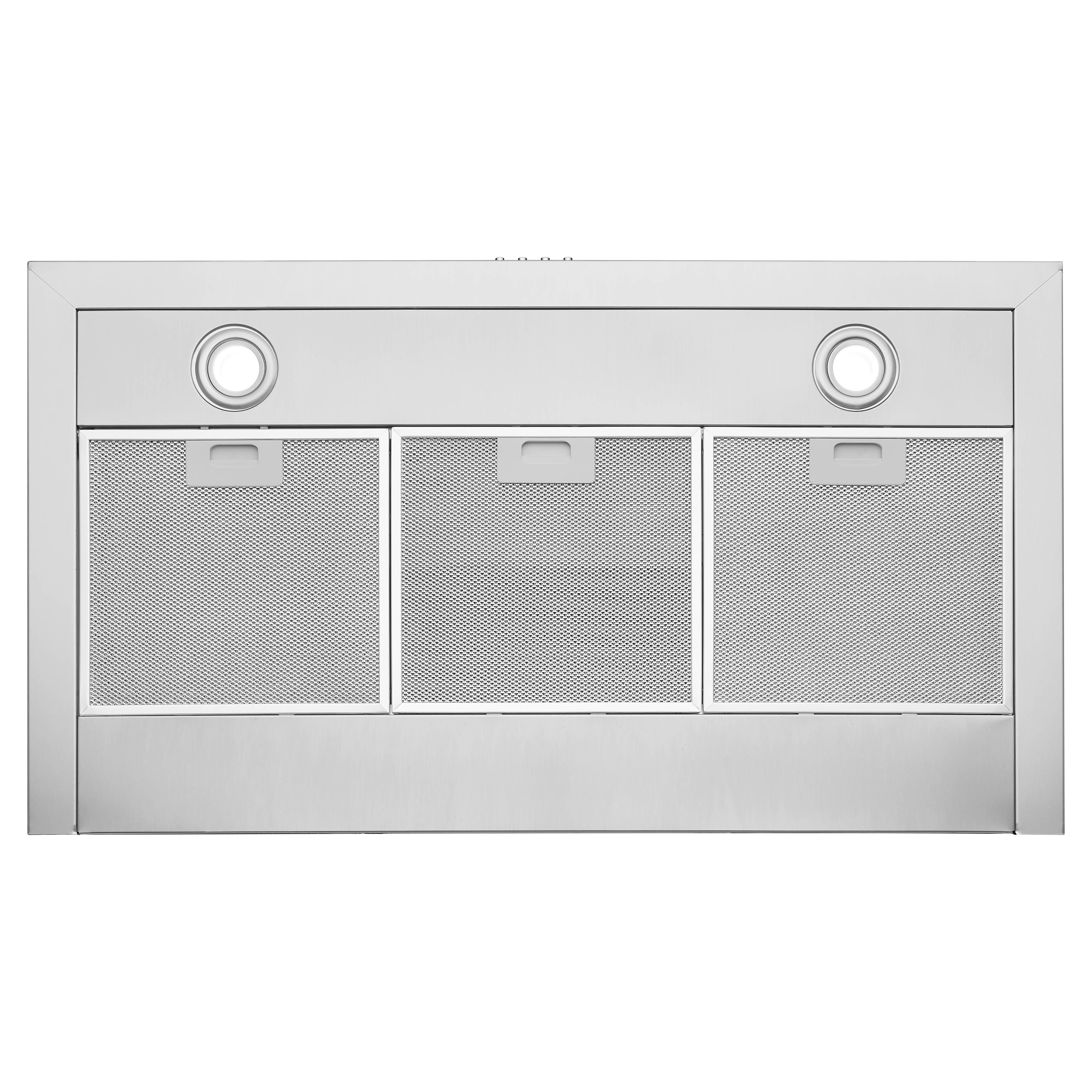 A stainless steel range hood with two circular lights and three mesh filters. It's a kitchen appliance.