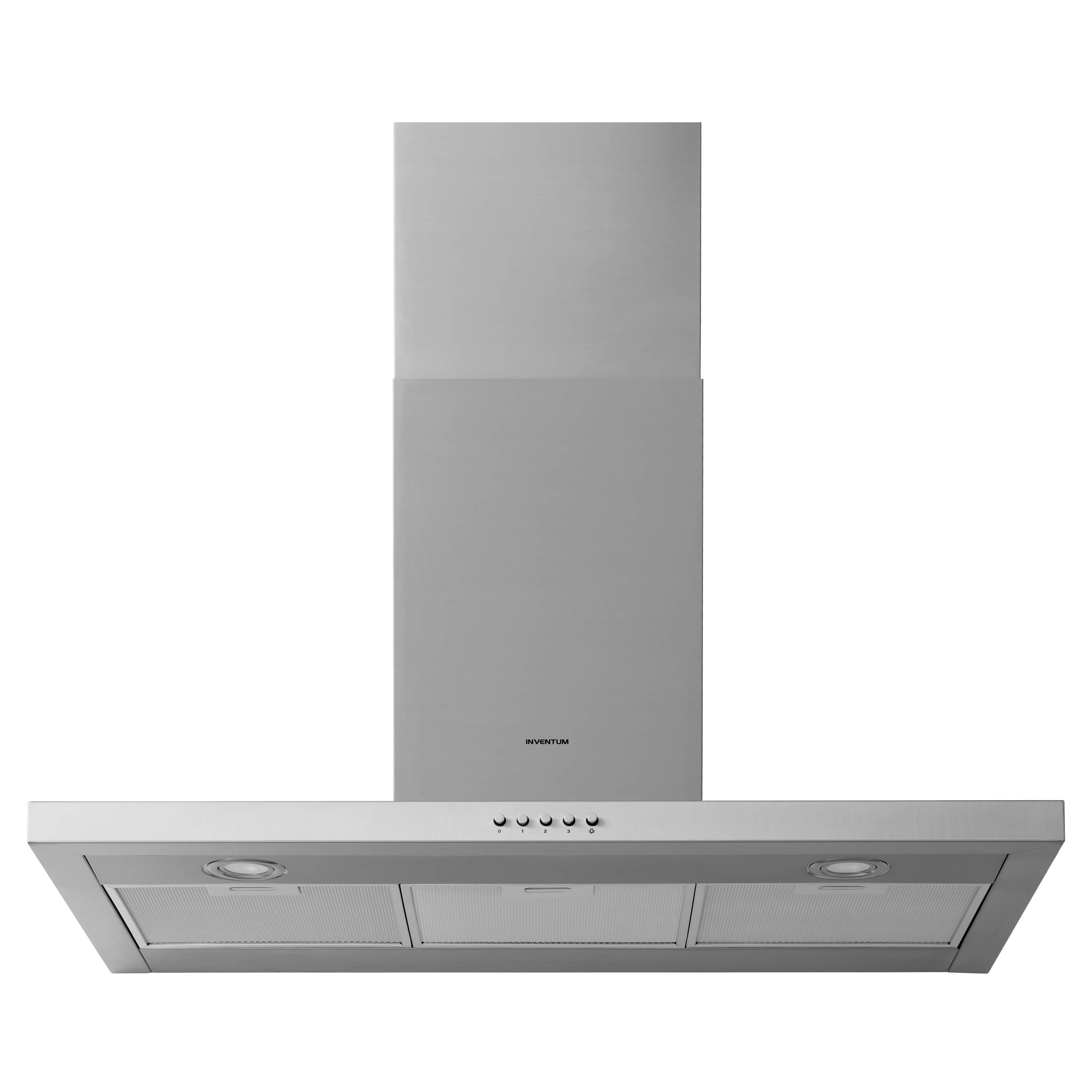 A silver range hood with a rectangular design, featuring lights and control buttons. The brand name 'Inventum' is visible.