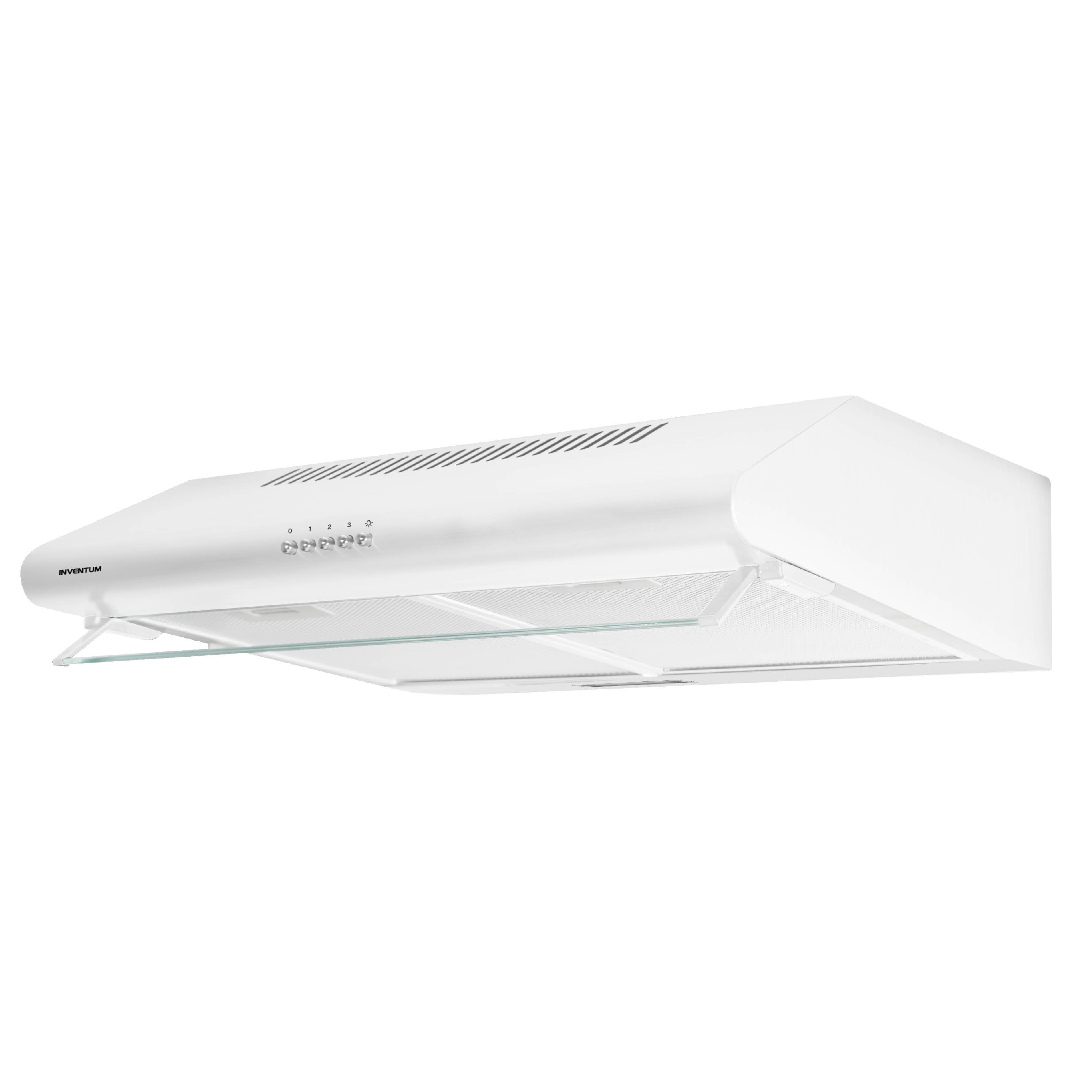 Een witte afzuigkap met glazen paneel. Het heeft een bedieningspaneel met nummers. Het merk is Inventum.