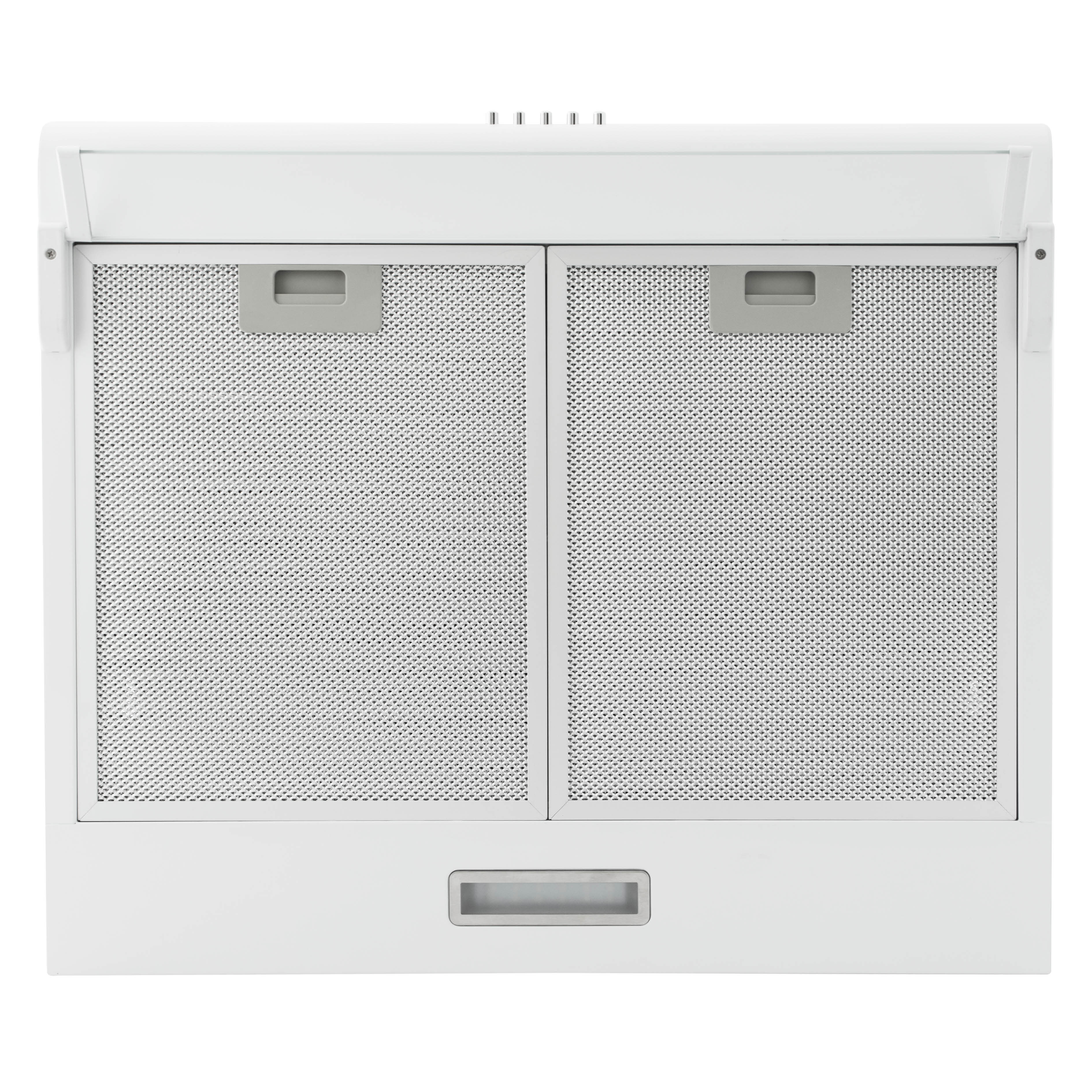 Een witte afzuigkap met twee metalen gaasfilters, een handvat op elk en een bedieningspaneel met vijf kleine, zilveren knoppen.