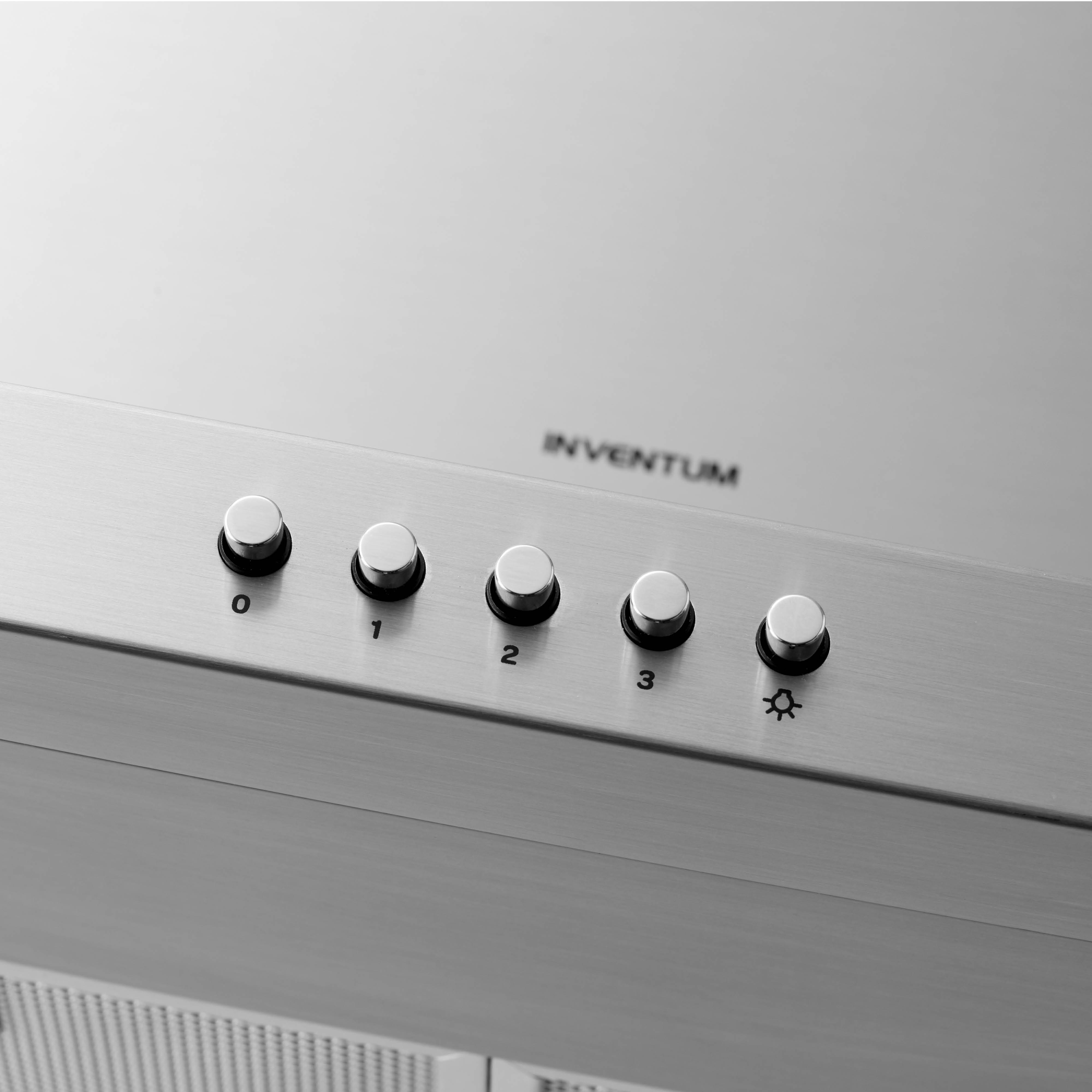 Stainless steel range hood with five buttons. Buttons are numbered 0-3, with a light symbol. "Inventum" is above.