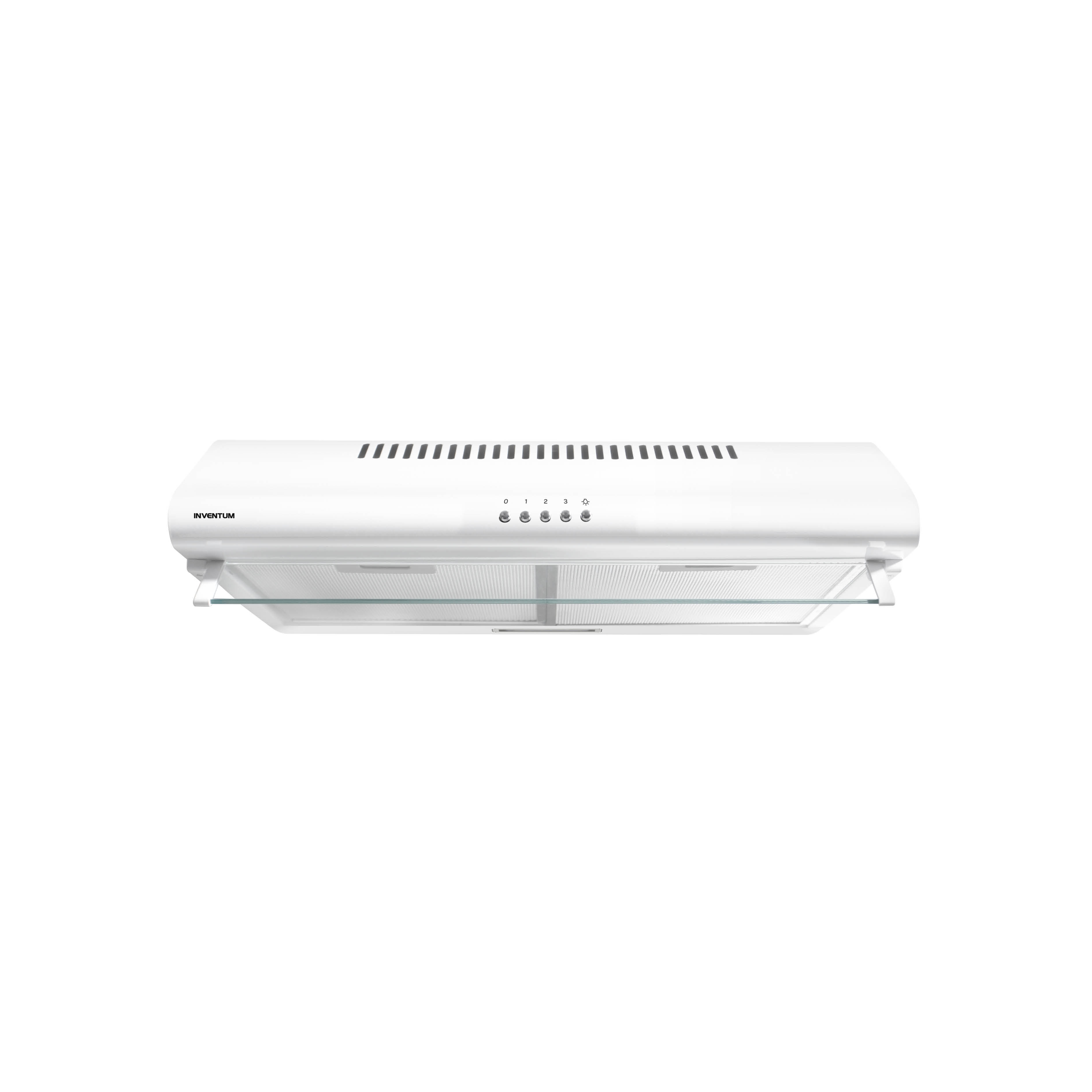 Een witte afzuigkap met een glazen plank. Het heeft bedieningsknoppen en een filter.
