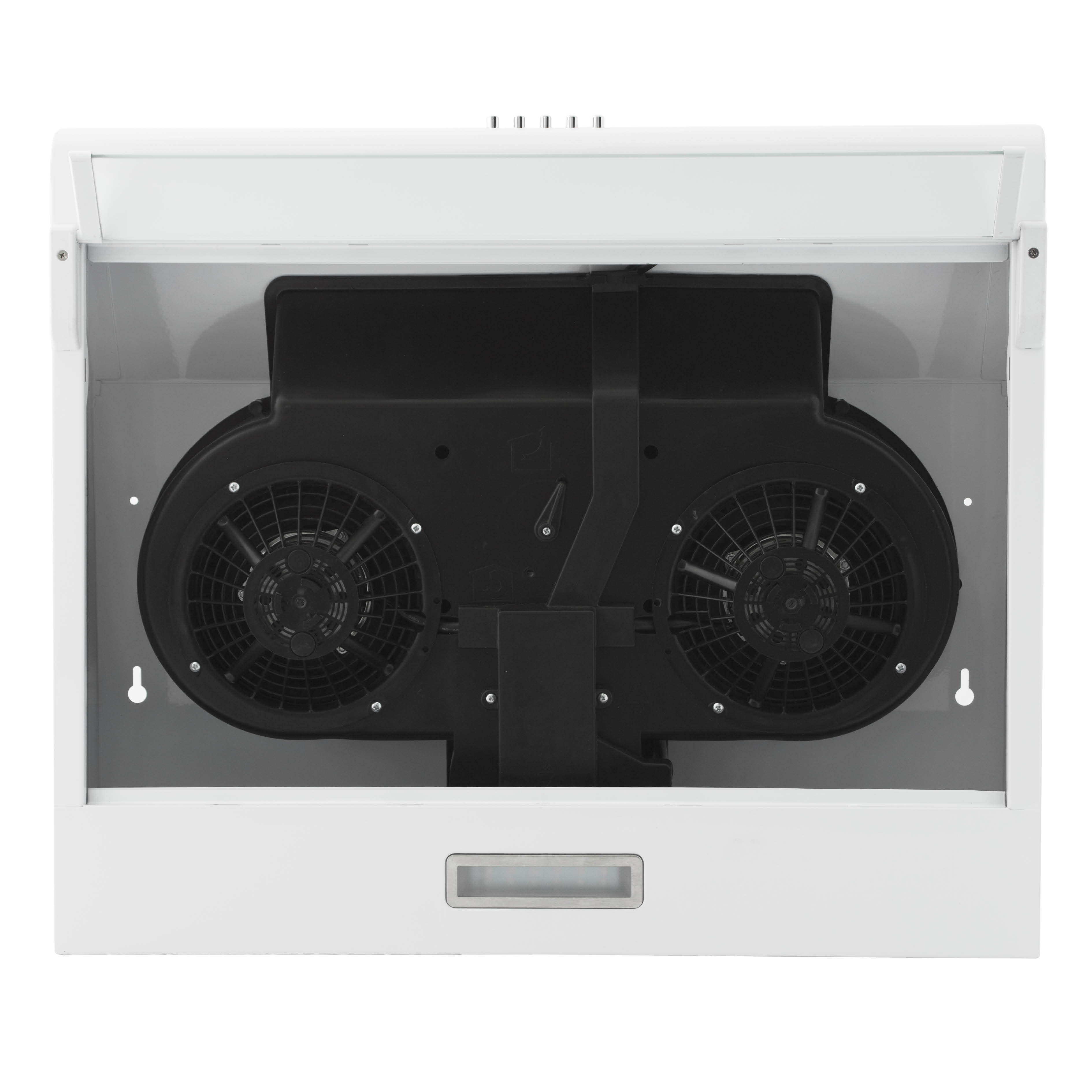 Interieur van witte afzuigkap met twee zwarte ventilatorbehuizingen en een rechthoekig licht.