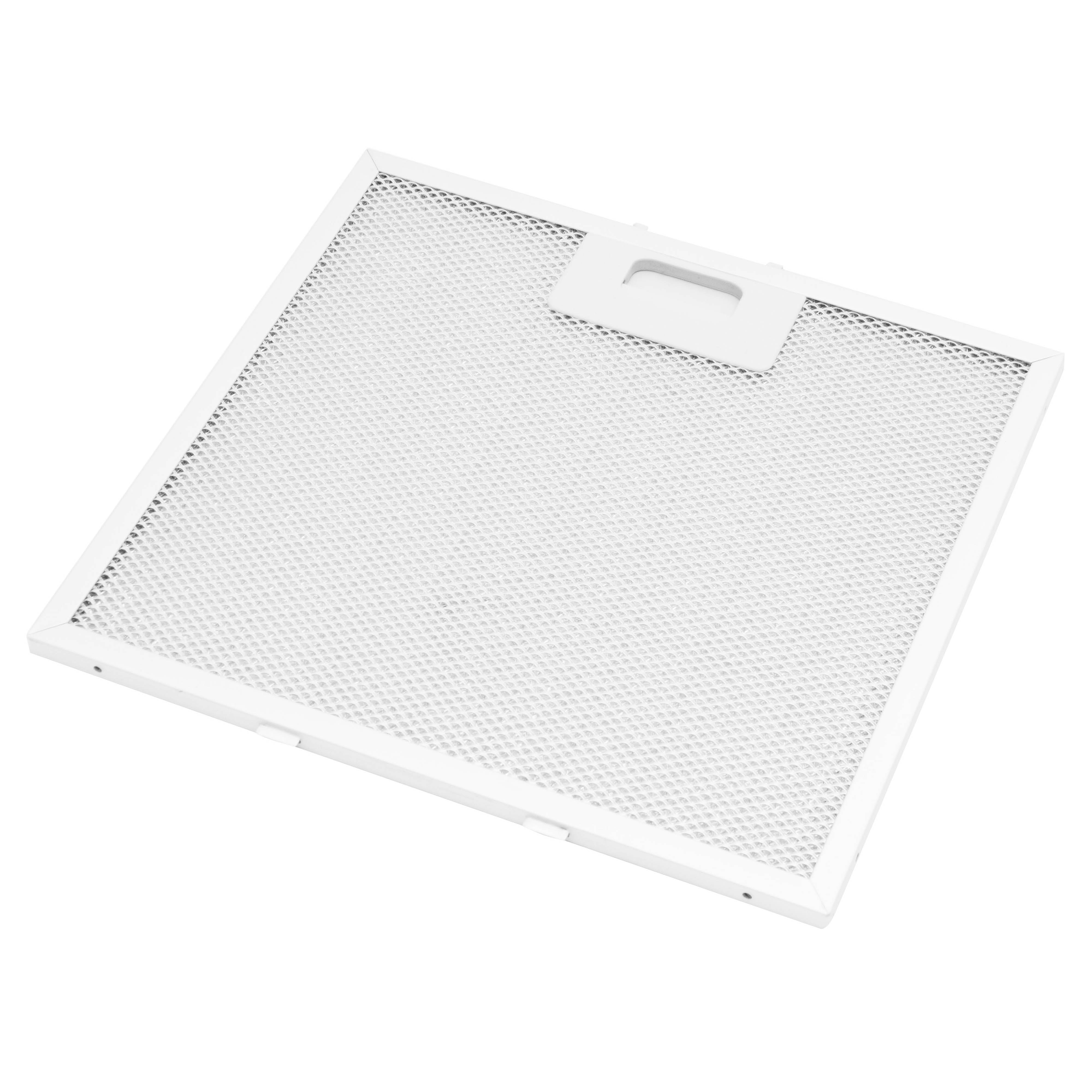 White rectangular range hood filter. It has a metal mesh and a white frame with a handle. Isolated on white.