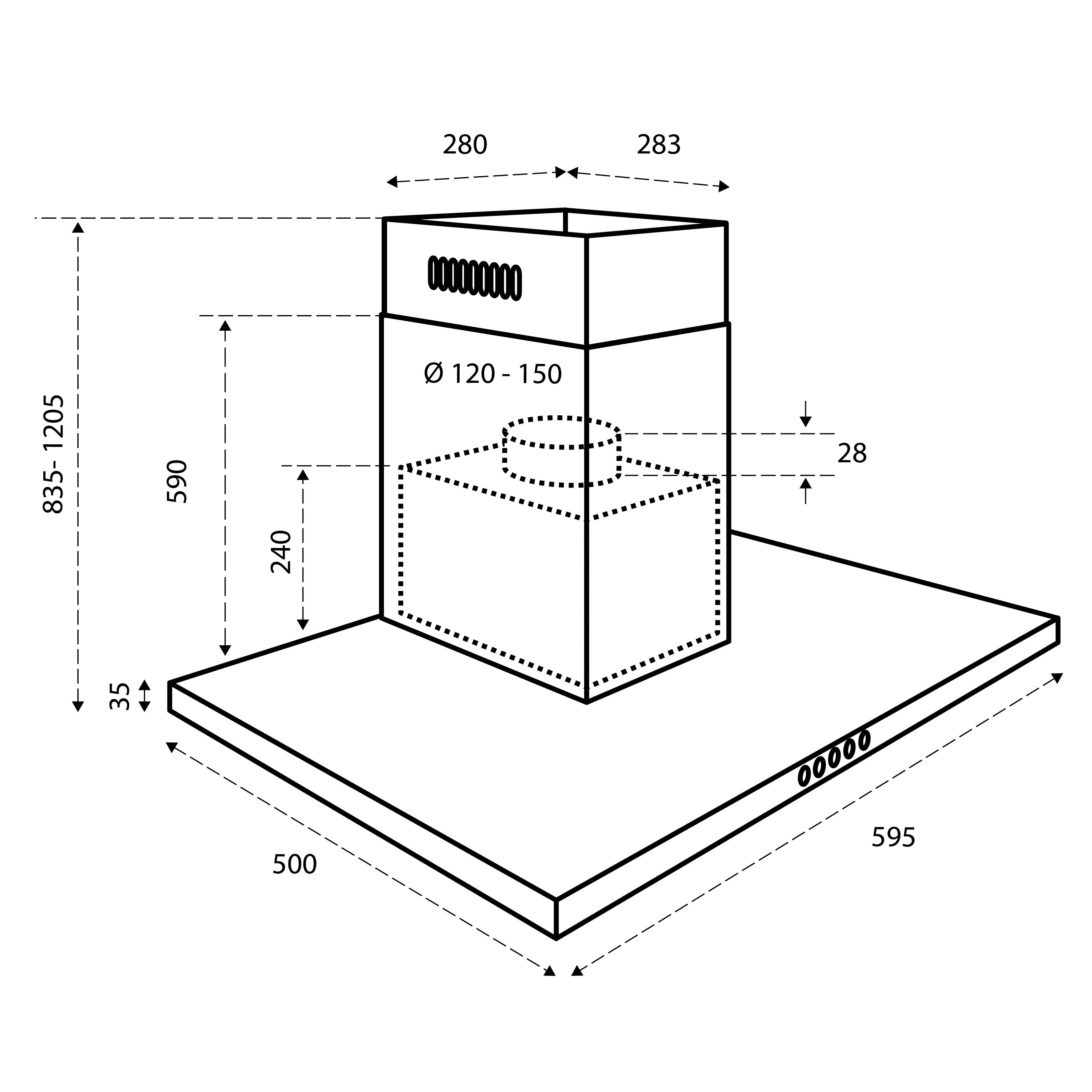Een illustratie van een afzuigkap met afmetingen. Het toont een rechthoekige basis, een centrale doos en afmetingen in millimeters.