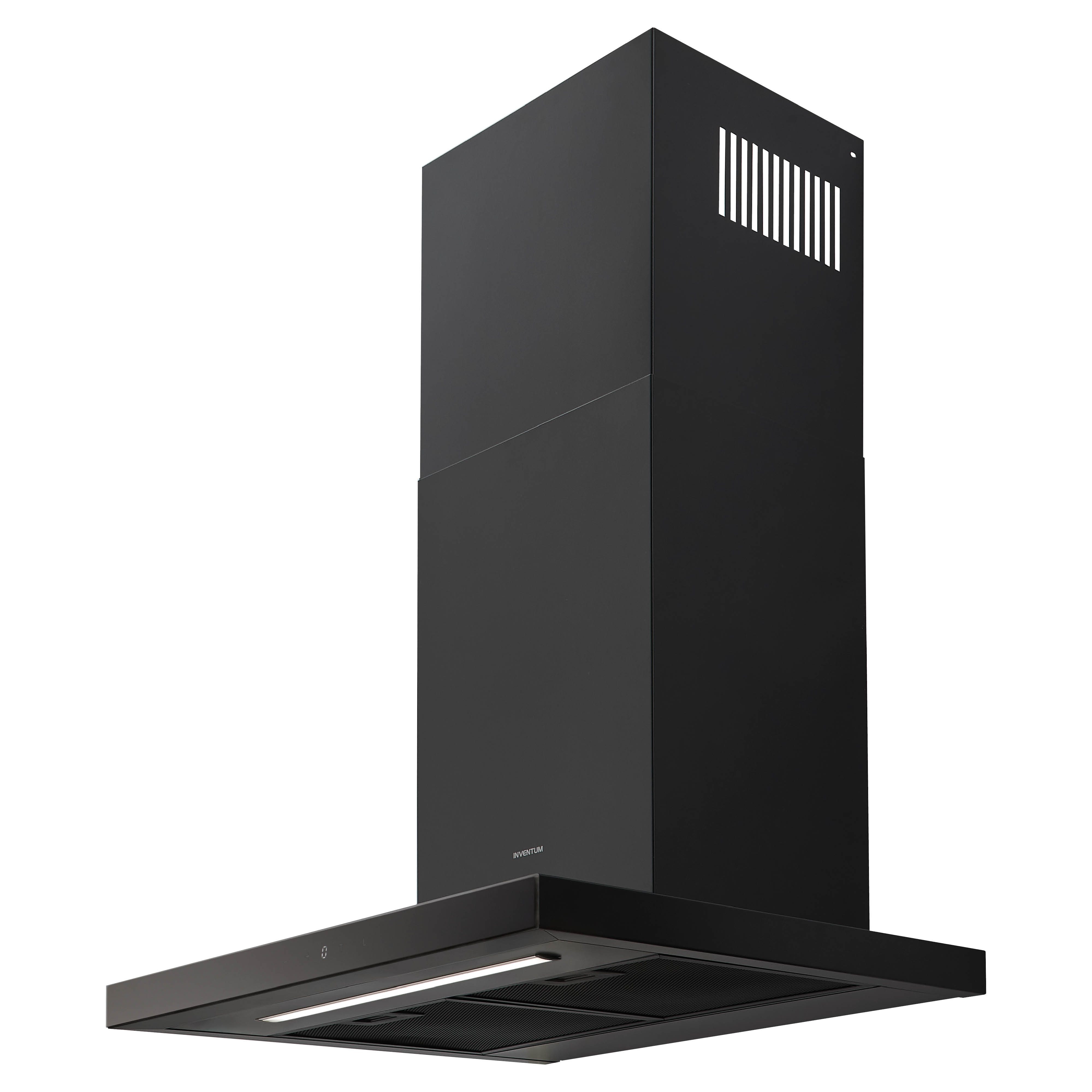 Zwarte afzuigkap met een rechthoekig ontwerp. Het heeft een lamp aan de onderkant en ventilatieopeningen aan de bovenkant. Witte achtergrond.