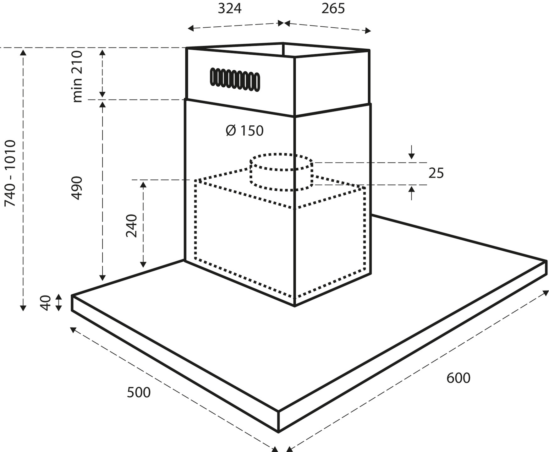 Diagram van een afzuigkap met afmetingen. Het bevat een rechthoekige basis, een centrale toren en afmetingen in millimeters.