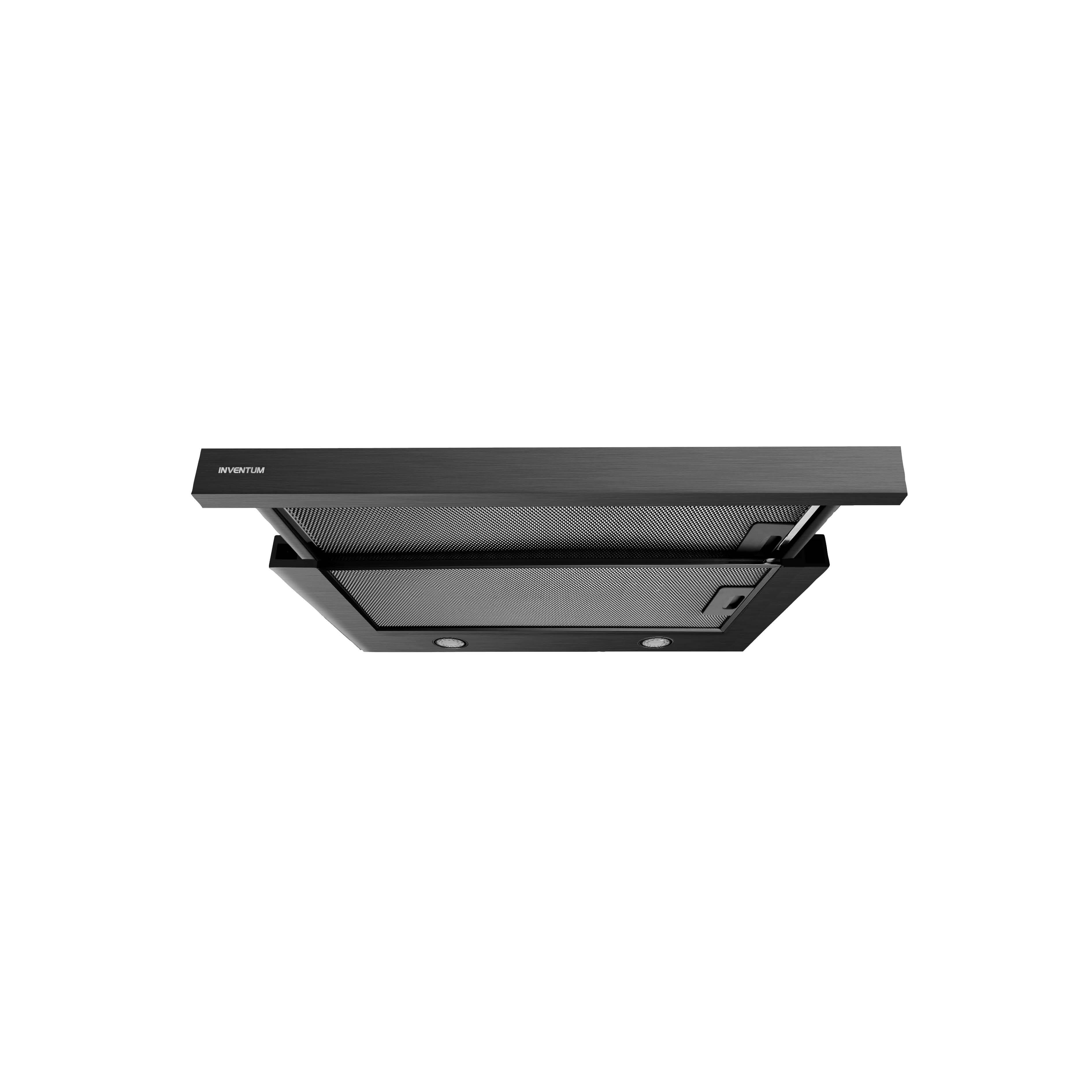 Une hotte de cuisine noire est suspendue sur un fond blanc. Elle a deux lumières et un filtre en maille.