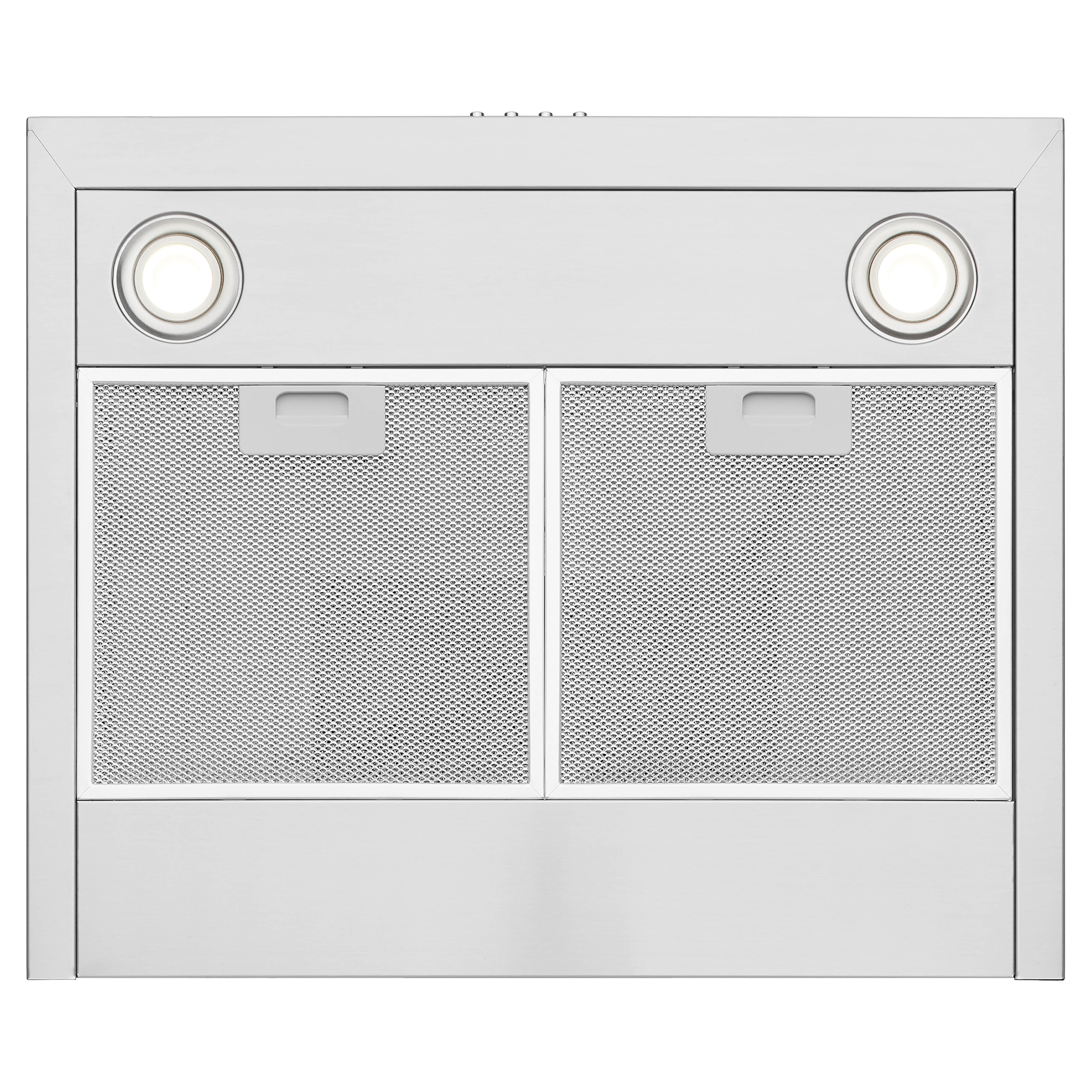 Une hotte en acier inoxydable avec deux lumières, des filtres en maille métallique et un design rectangulaire, isolée.