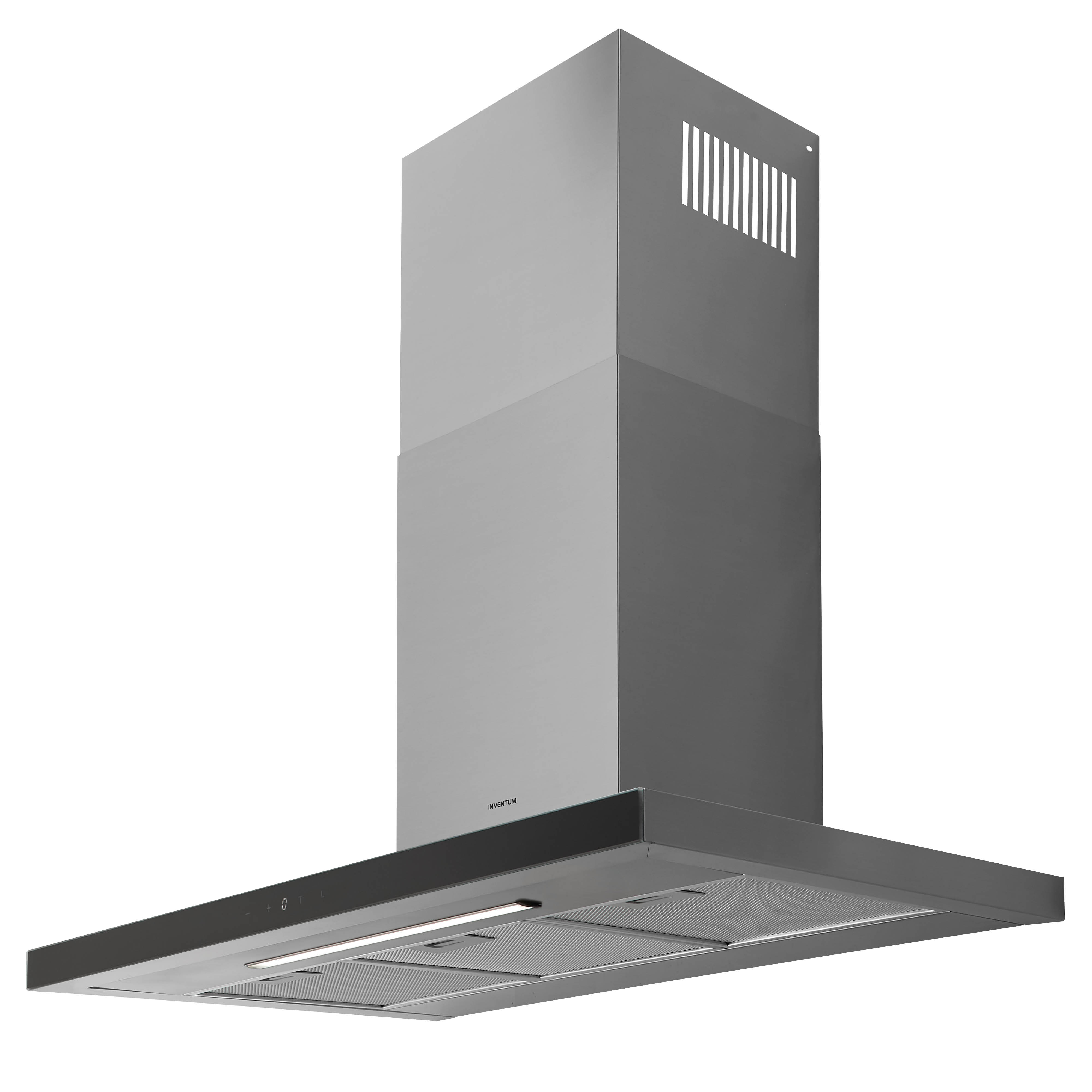 Een moderne roestvrijstalen afzuigkap. Het heeft een rechthoekige vorm met licht en bedieningspaneel en een schoorsteen.