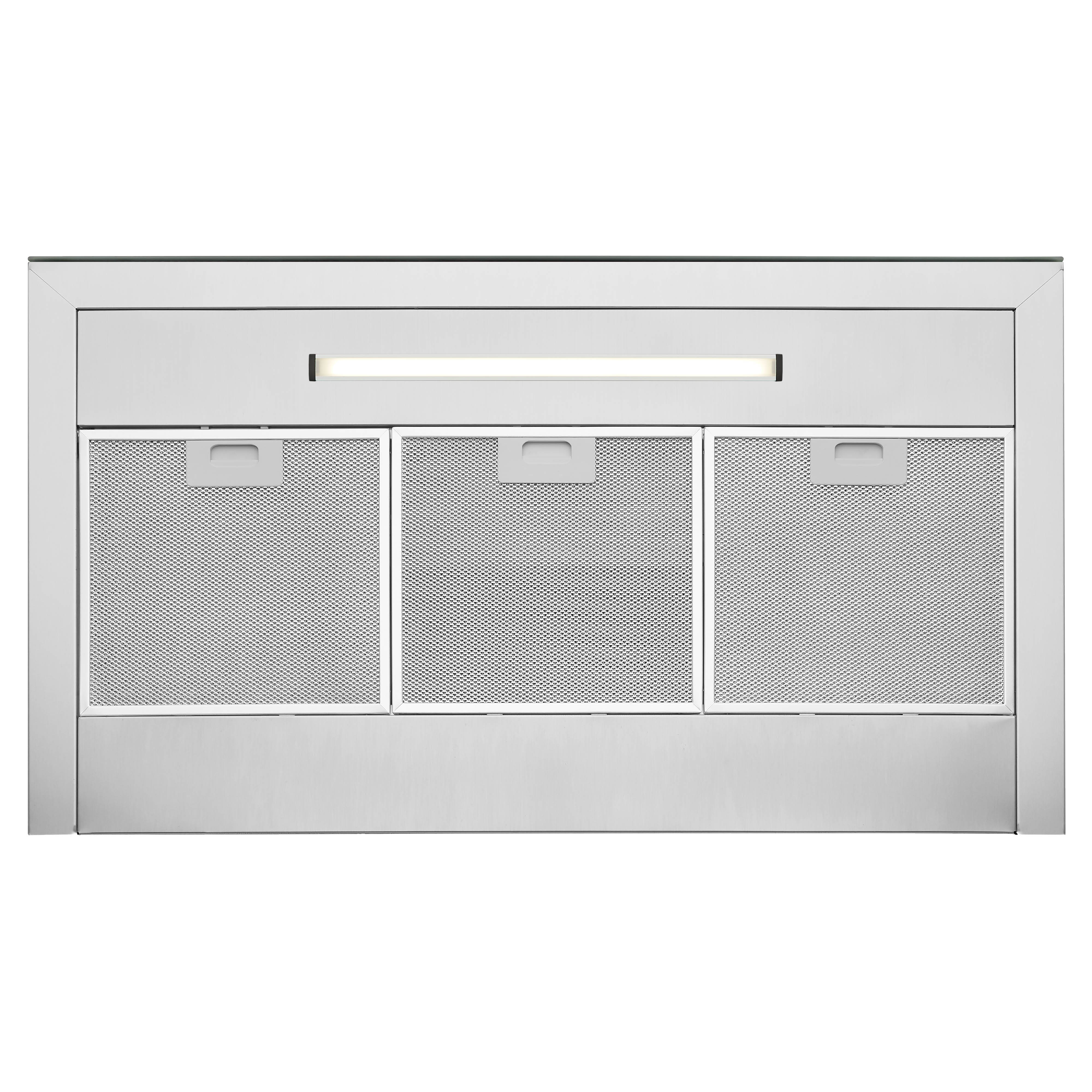 Een roestvrijstalen afzuigkap met drie gaasfilters en een centrale lichtbalk. Gemonteerd op een witte achtergrond.