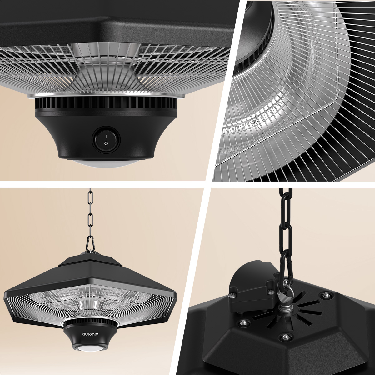 Gros plans d'un radiateur infrarouge de terrasse noir hexagonal, suspendu par une chaîne. Comprend un interrupteur, une grille métallique et une étiquette de marque.