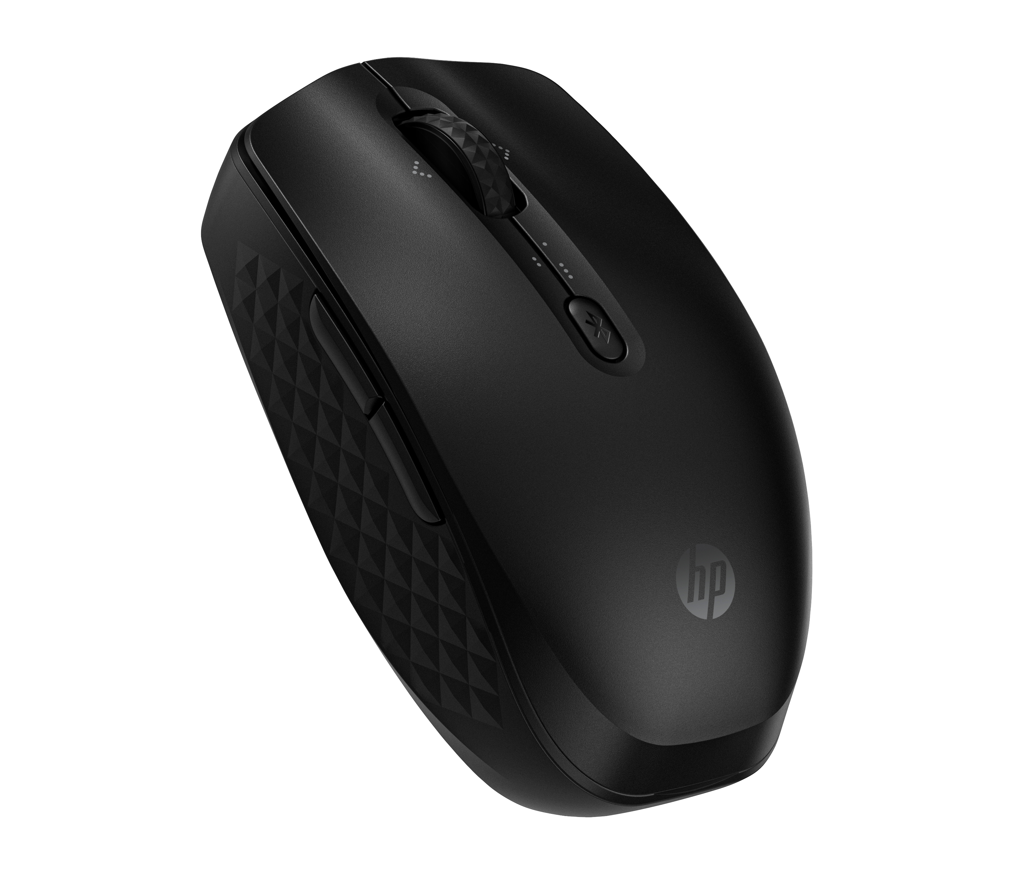 Un ratón inalámbrico HP negro sobre fondo blanco. Tiene una rueda de desplazamiento y el logotipo de HP.