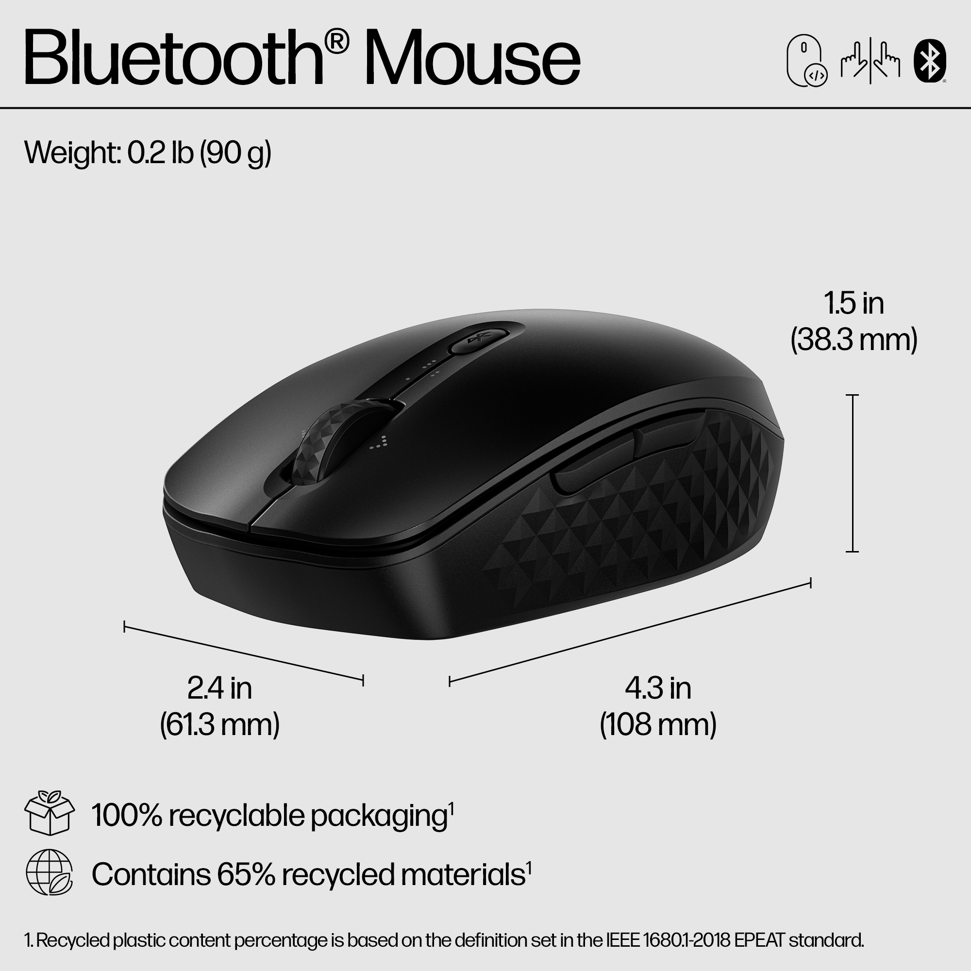Ratón Bluetooth negro con dimensiones, peso e información de reciclaje. El ratón tiene una rueda de desplazamiento y botones.