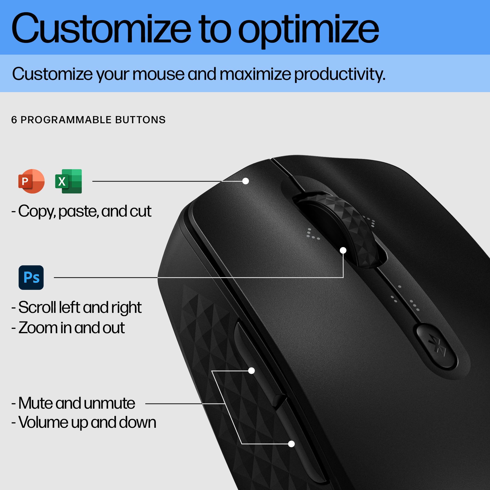 Ratón negro con botones personalizables, incluyendo copiar/pegar, desplazamiento y controles de volumen. Texto: 'Personaliza para optimizar'.