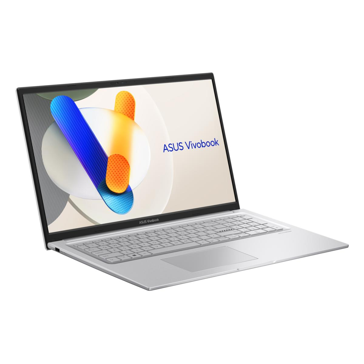 Ein silberner ASUS Vivobook Laptop wird in einem Winkel gezeigt. Der Bildschirm zeigt eine farbenfrohe Grafik mit dem Vivobook-Logo.
