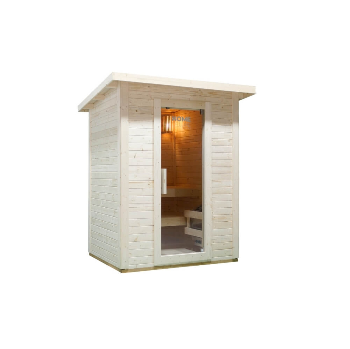 Eine Holzsauna mit Glastür, einer kleinen Bank und einem warmen Lichtschein im Inneren vor weißem Hintergrund.