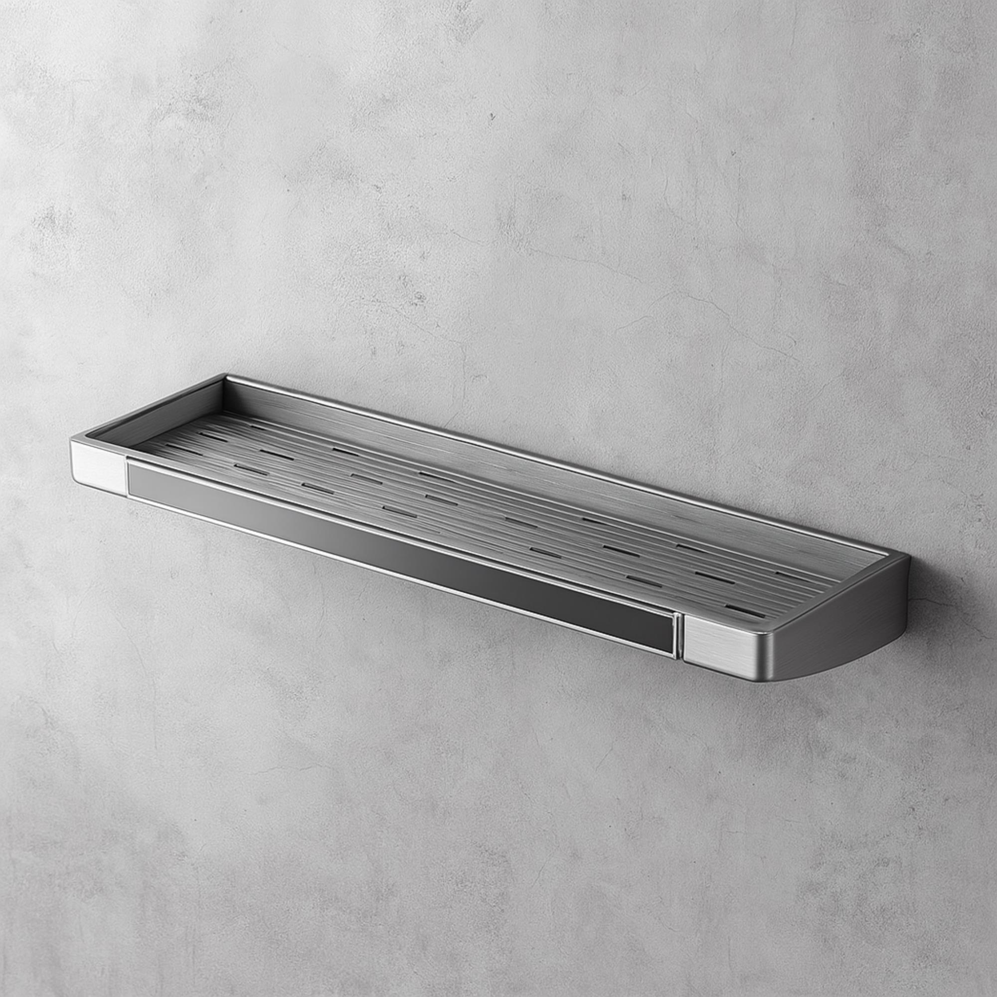Un estante de metal con base perforada está montado en una pared gris.