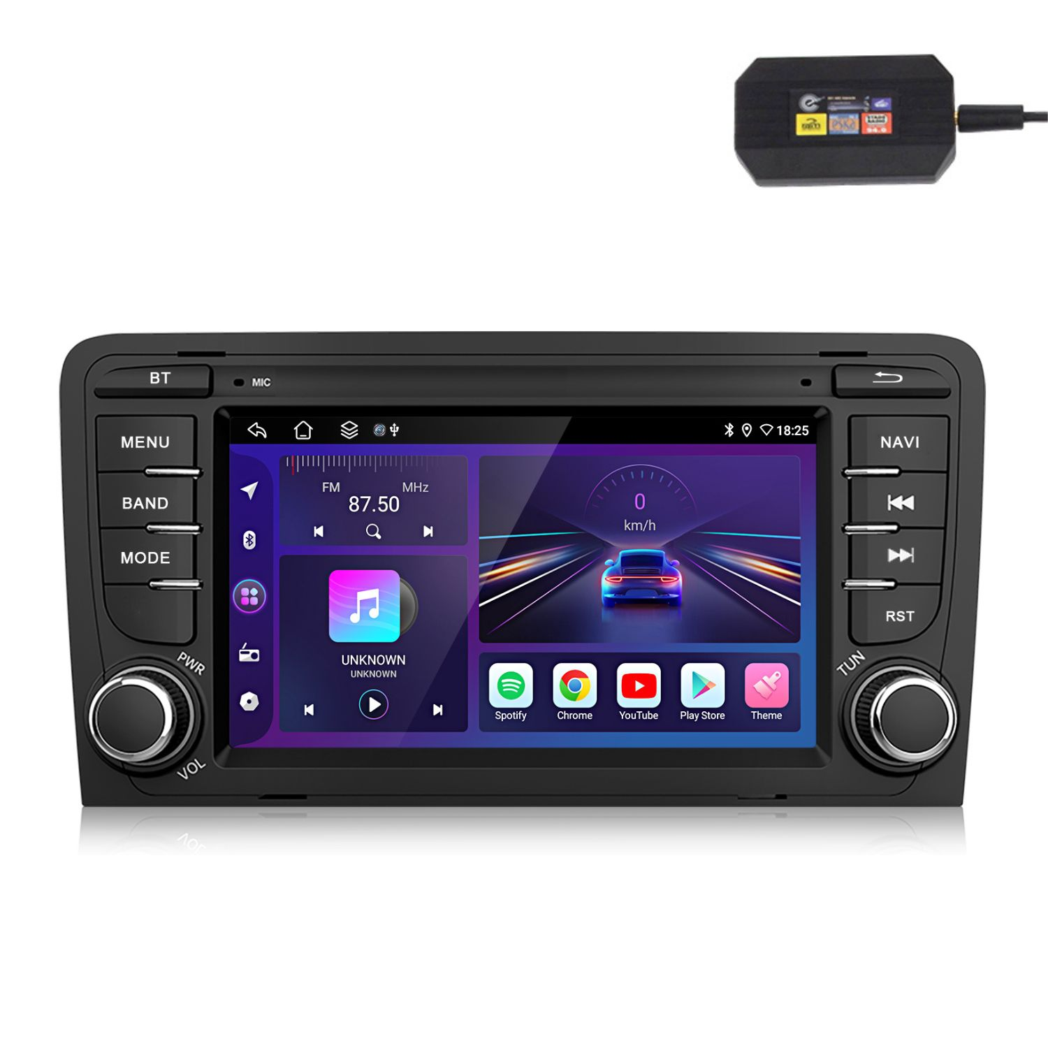 Autoradio con schermo che mostra un tachimetro e icone di app. Pulsanti per menu, modalità e sintonizzazione visibili.