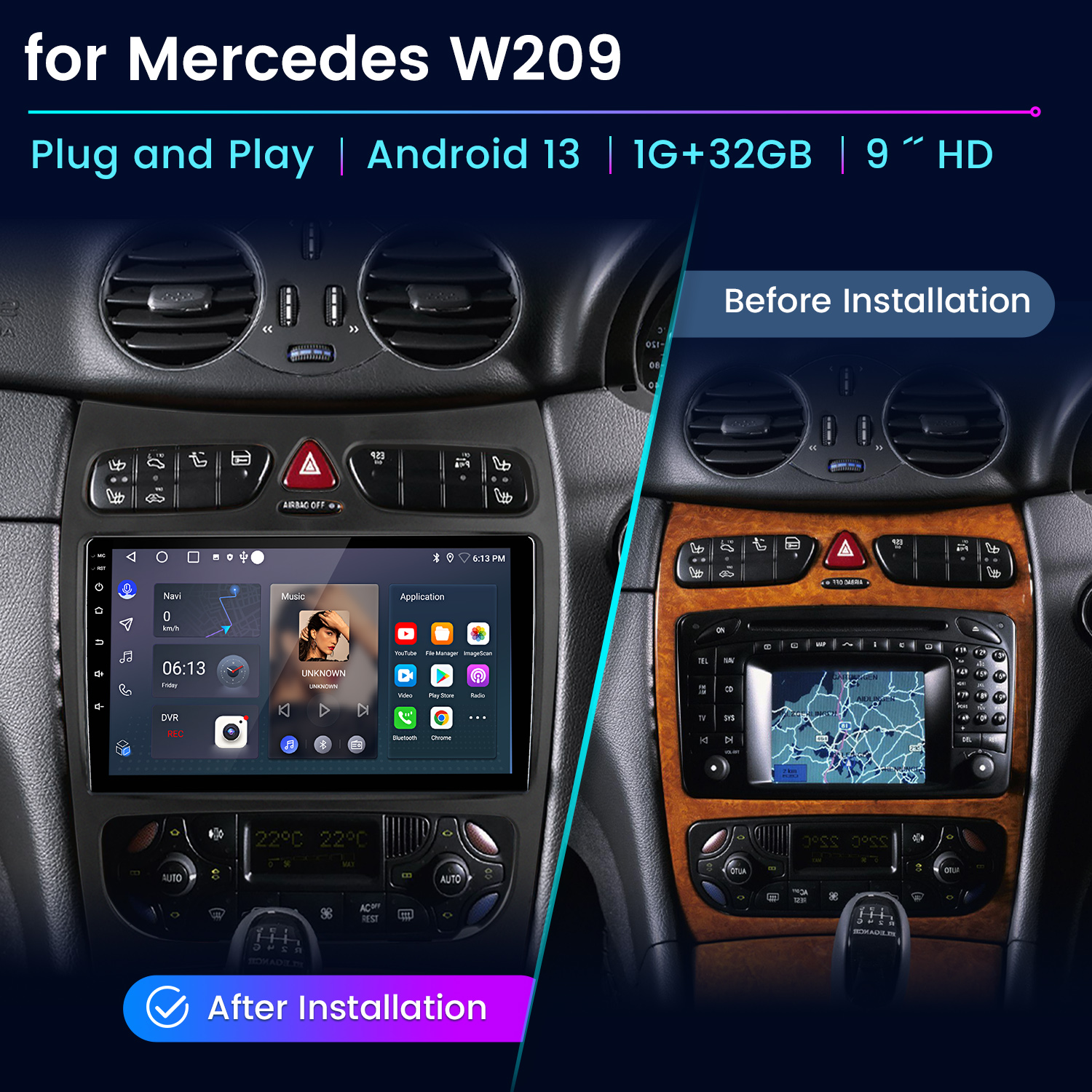 Interni auto prima e dopo l'installazione di un nuovo display Android. Mostra navigazione, app e controlli auto.