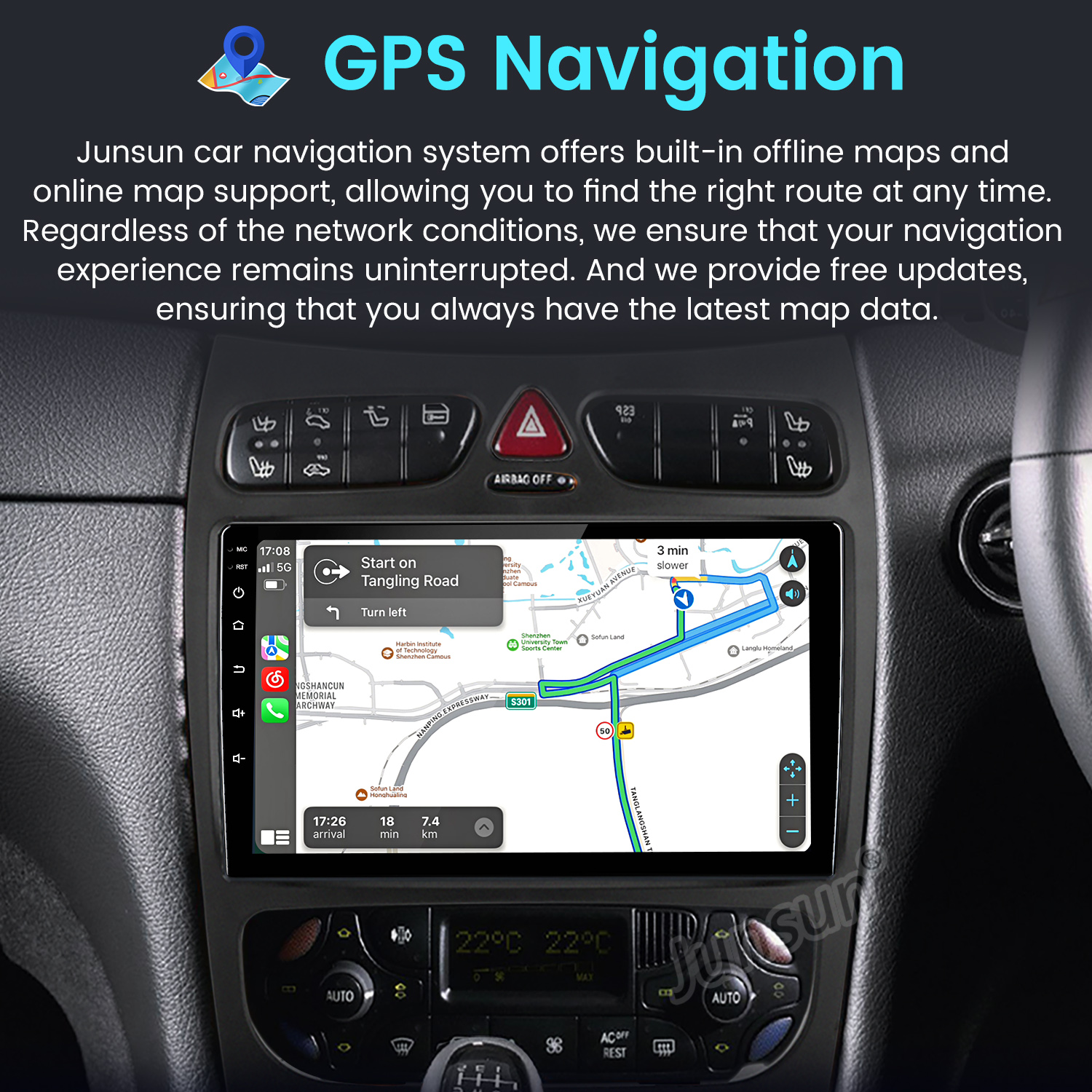 Cruscotto auto con schermo di navigazione GPS che mostra una mappa del percorso. Comandi clima visibili sotto.