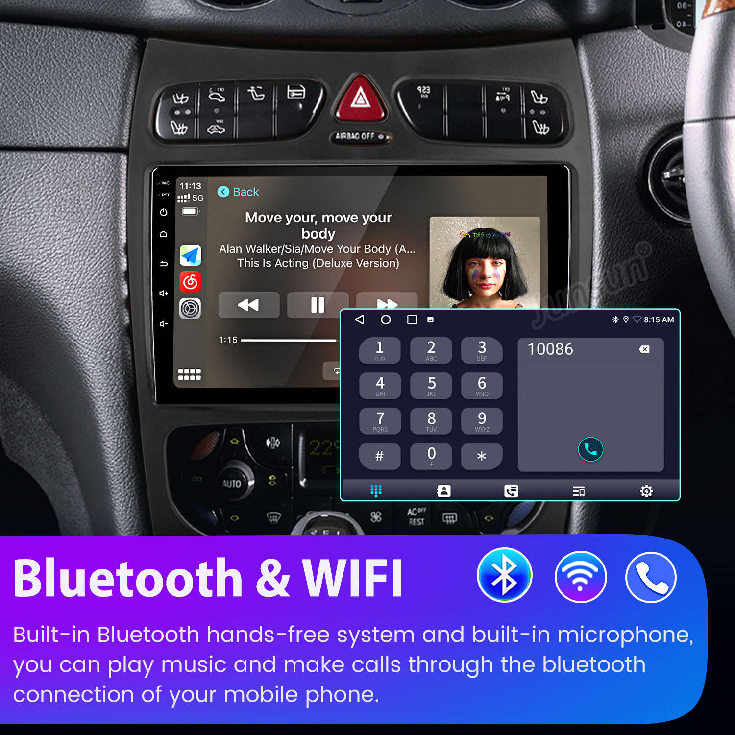 Cruscotto auto con schermo che mostra musica e tastierino telefonico. Le icone Bluetooth e Wi-Fi sono visibili.