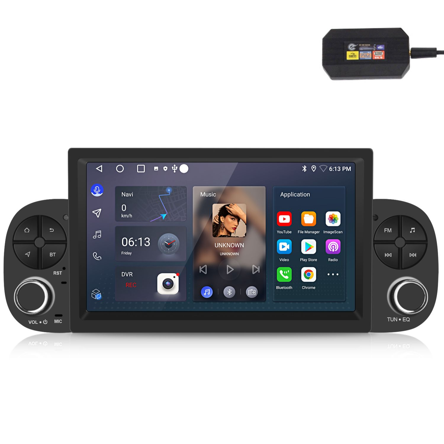 Autoradio con touchscreen che mostra navigazione, musica e app. Ha pulsanti laterali per volume, sintonizzazione e controlli multimediali.