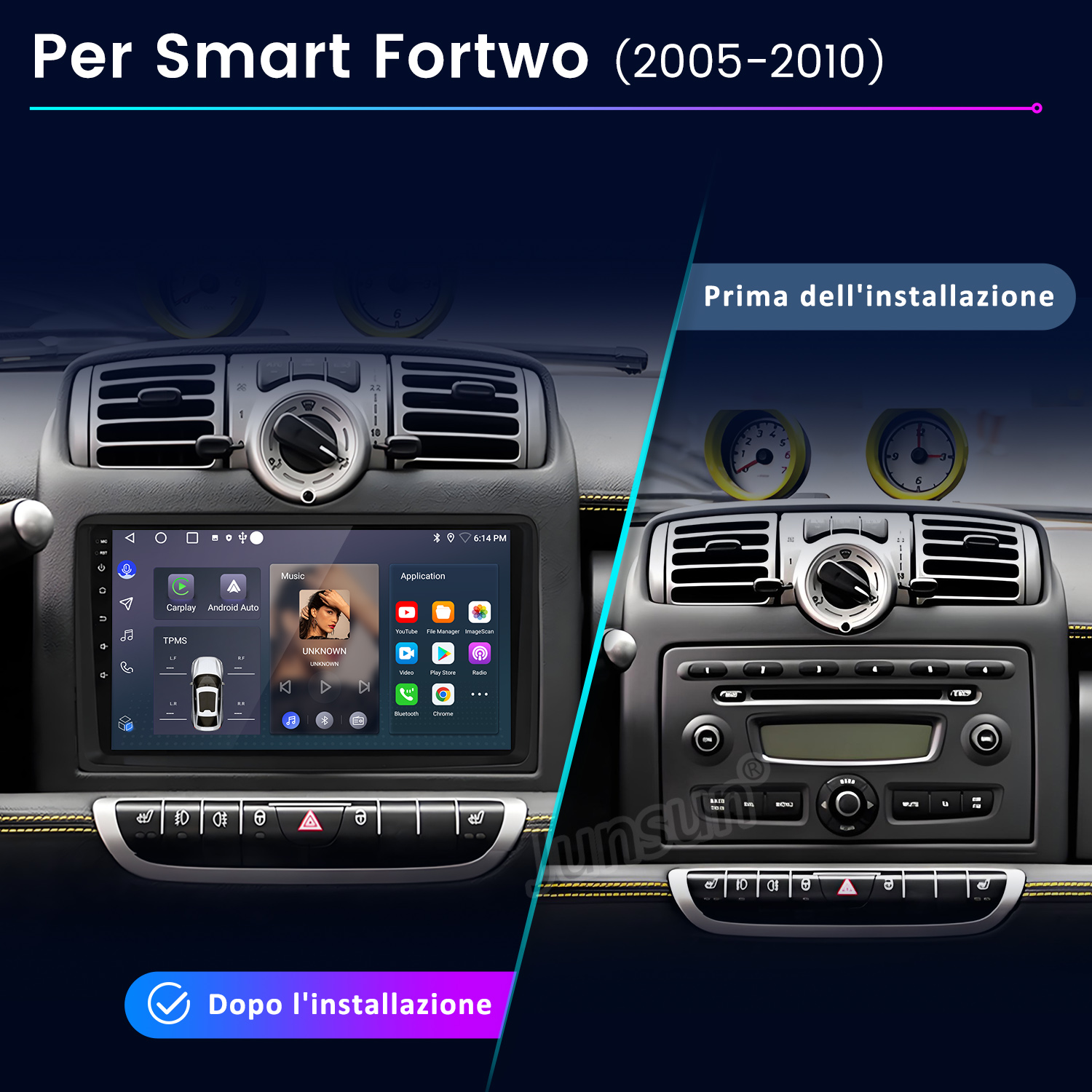 Confronto del cruscotto di un'auto prima e dopo l'installazione di un nuovo sistema di infotainment. Il lato sinistro mostra il sistema aggiornato.