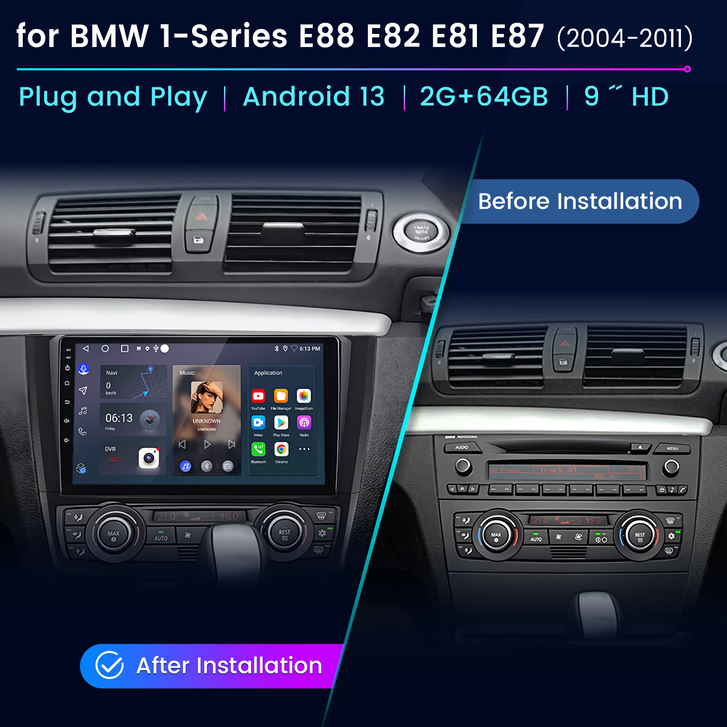 L'immagine mostra il cruscotto di un'auto prima e dopo l'installazione di un sistema Android. Le differenze sono il display e i pulsanti.