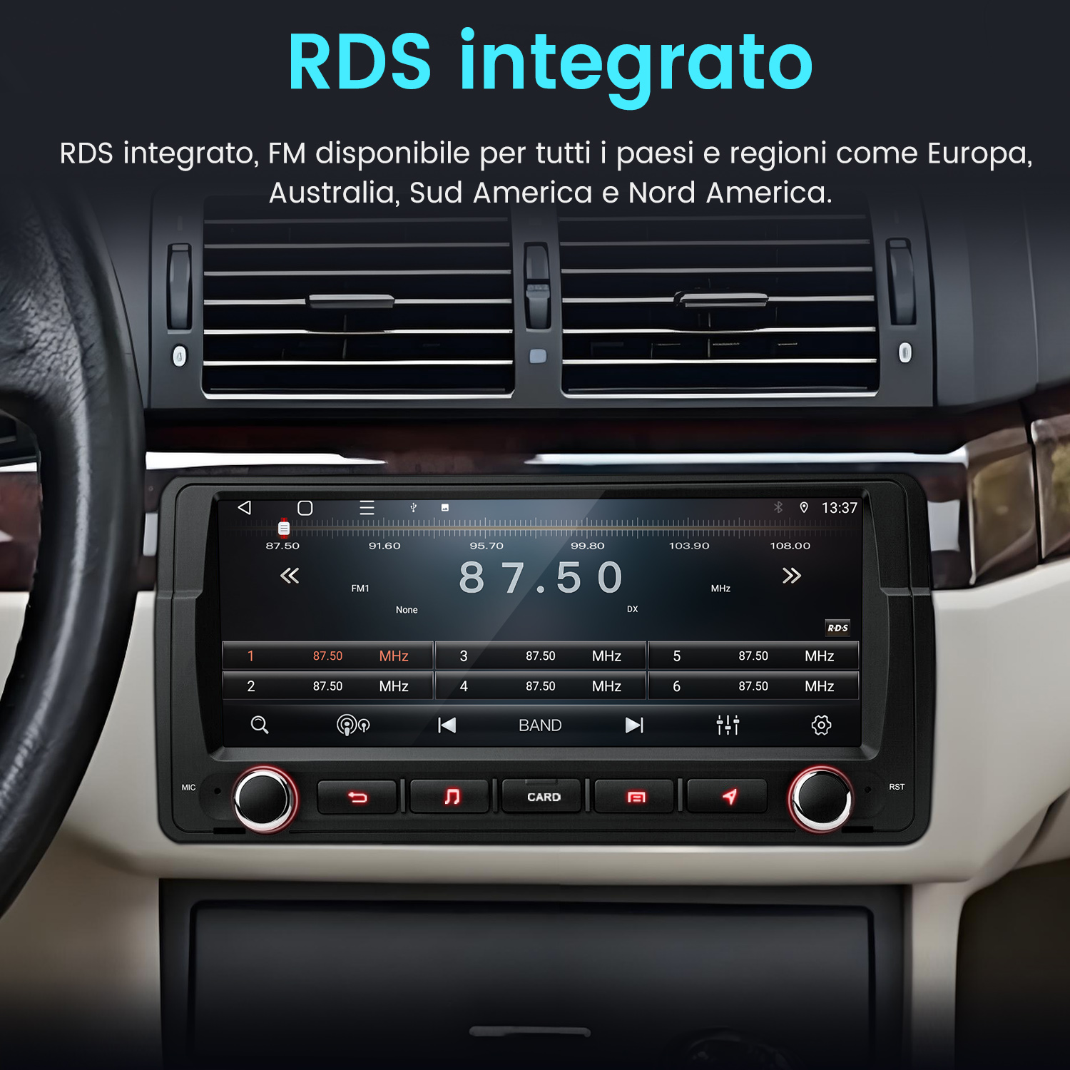Autoradio con display FM. Visualizza 87,50 MHz. Visibili pulsanti volume, sintonizzazione e altre funzioni.