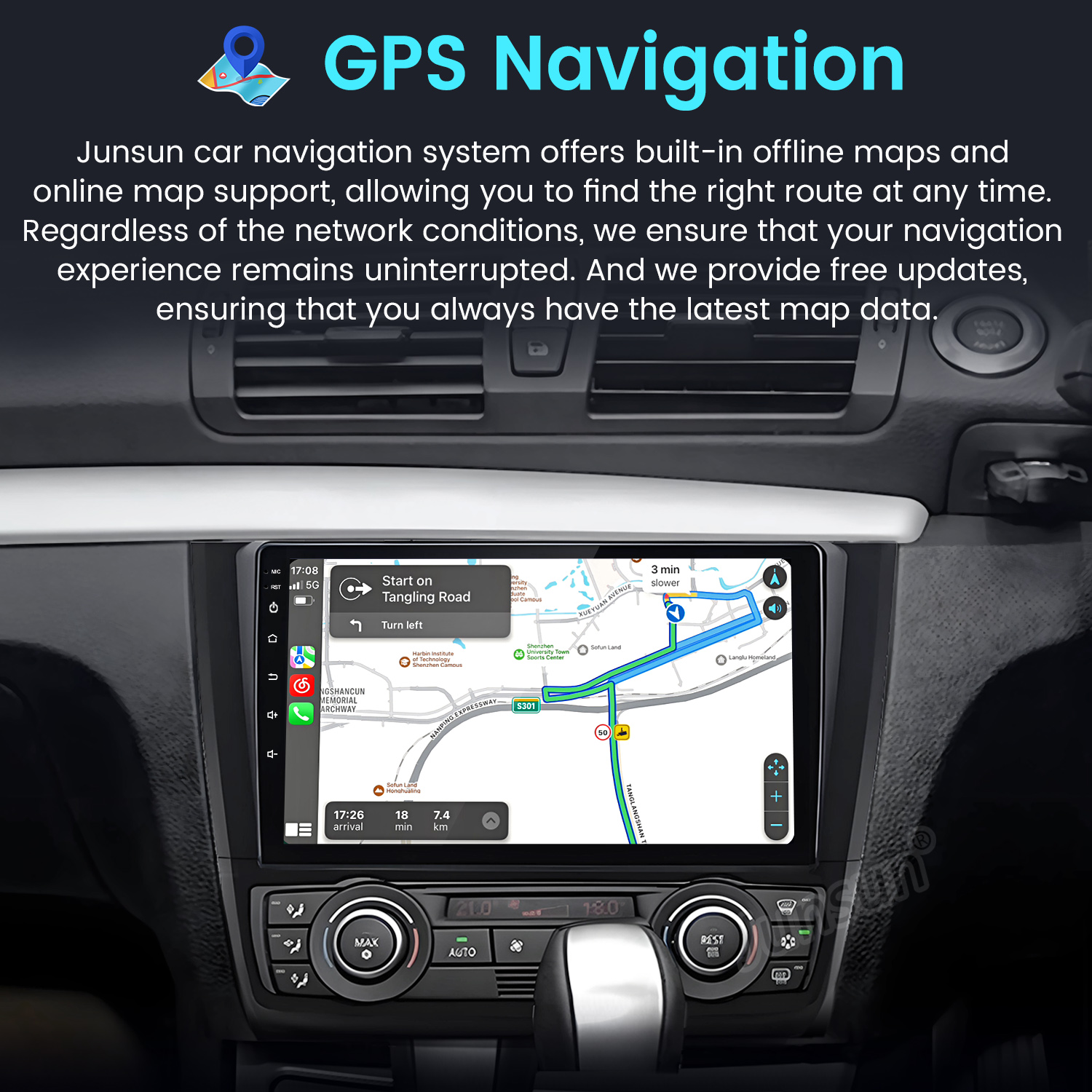 Cruscotto auto con schermo di navigazione GPS che mostra una mappa. Pulsanti sotto per climatizzazione e audio.