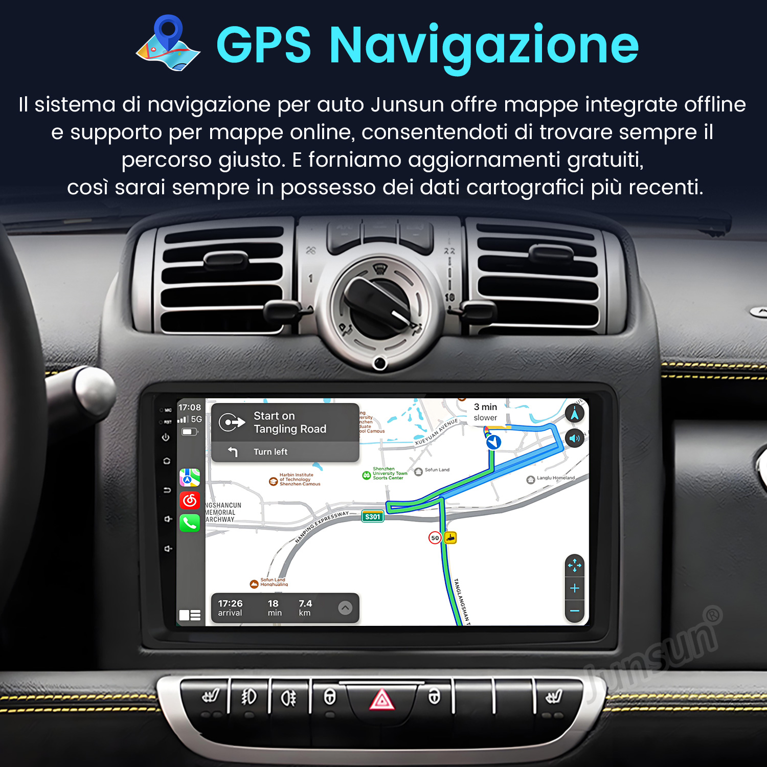 Lo schermo del sistema di navigazione dell'auto mostra una mappa con un percorso, che mostra la posizione attuale e le indicazioni.