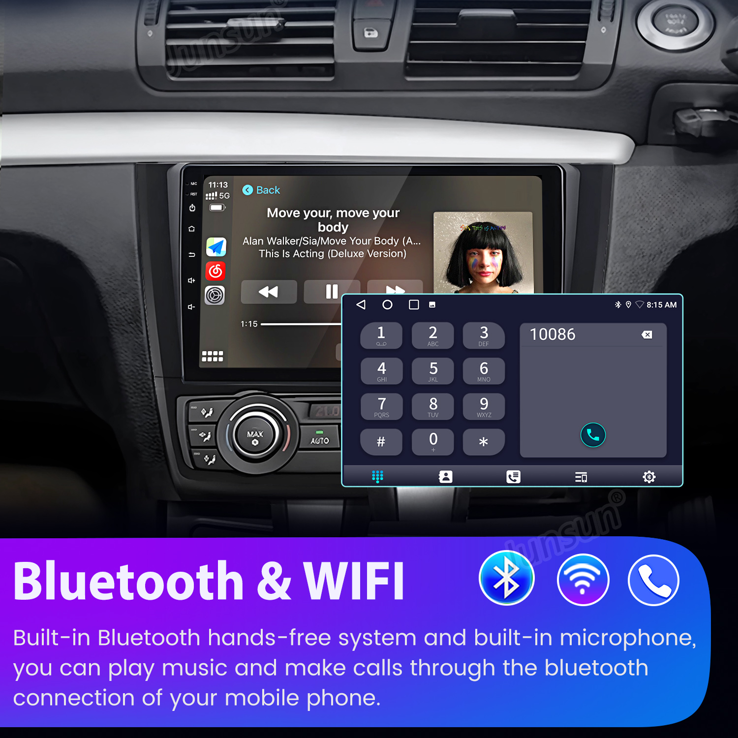 Autoradio con riproduzione musicale e tastierino numerico. Icone Bluetooth e Wifi. Testo: Bluetooth & WIFI.