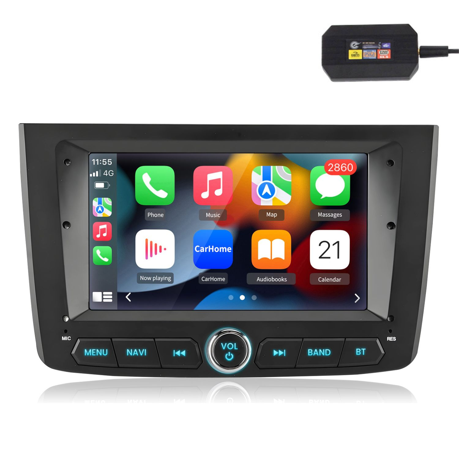 Schermo del sistema audio per auto con icone di app: telefono, musica, mappa, messaggi e altro. Dispositivo nero con pulsanti sotto, piccolo dispositivo sopra.
