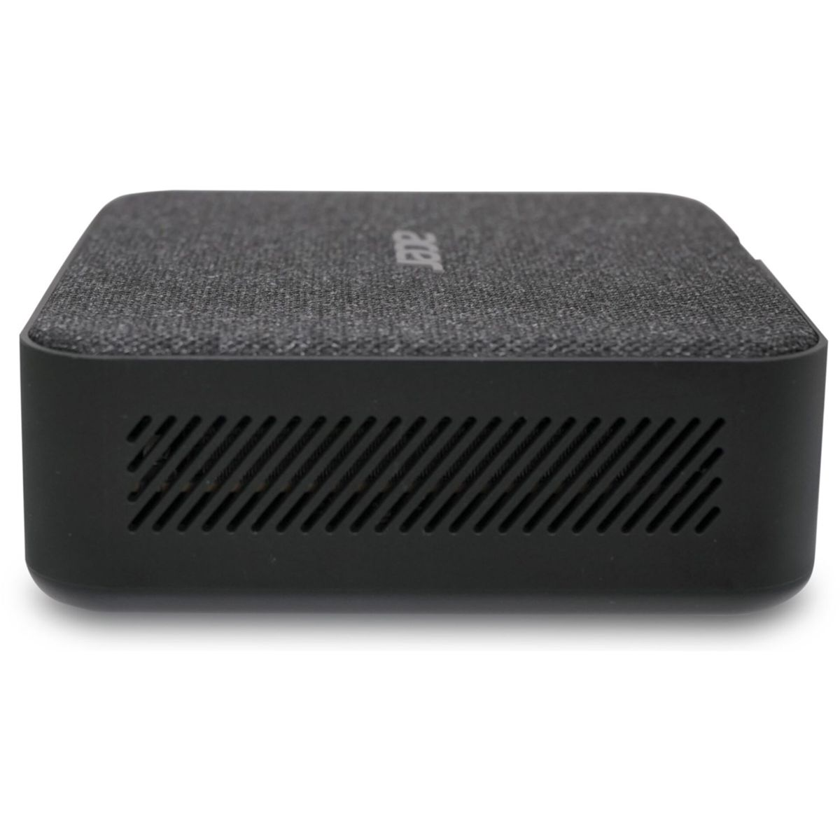 Czarny komputer Acer. Ma teksturowaną górę i wentylację z przodu. Widoczne jest logo Acer.