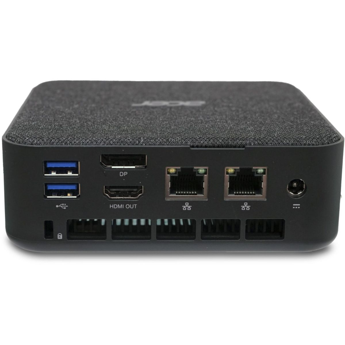 Czarny mini PC Acer z różnymi portami: USB, HDMI, DP, Ethernet i zasilaniem. Znajduje się na białej powierzchni.