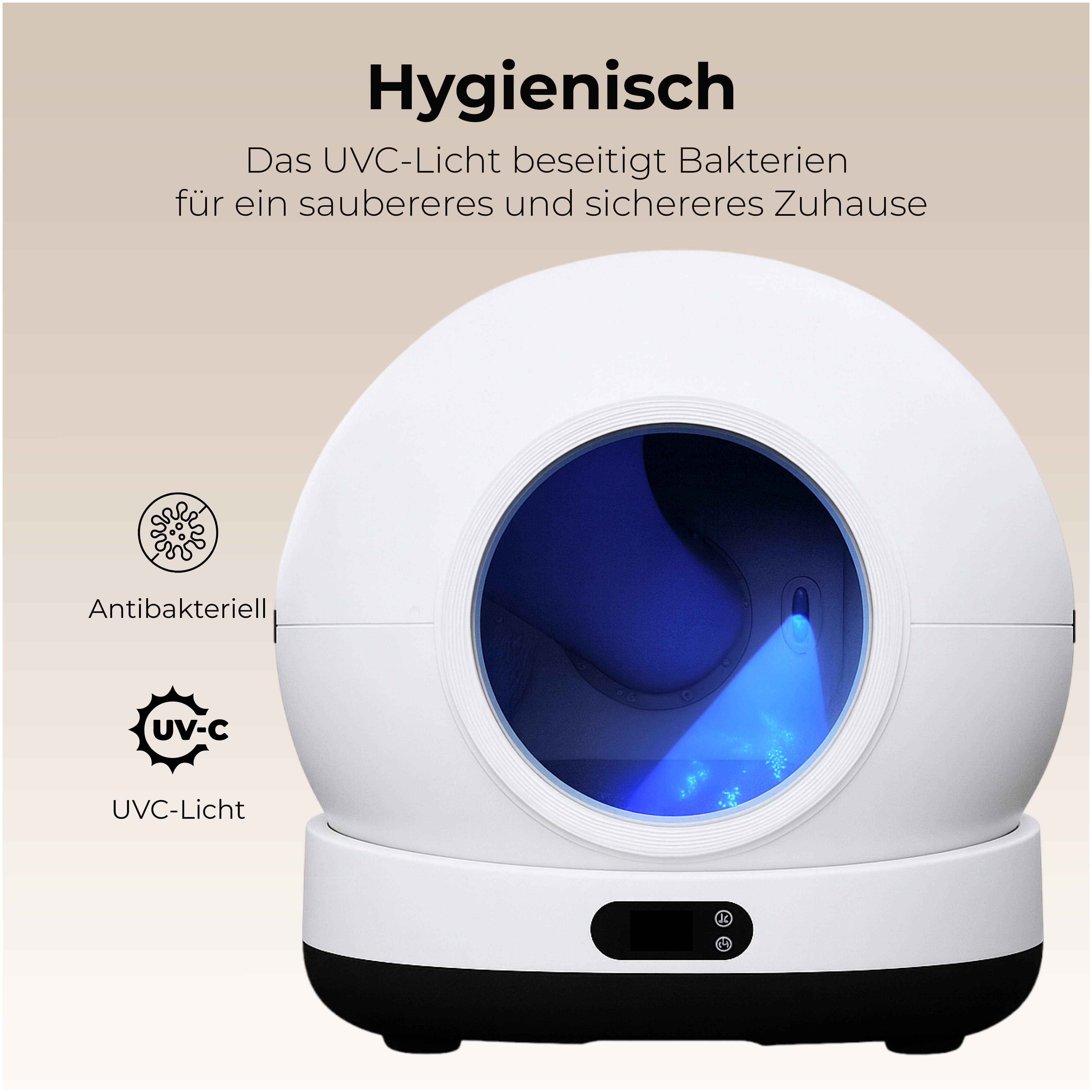 Ein weißes, rundes Gerät mit blauem Innenraum, beschriftet mit 'Hygienisch' und 'UVC-Licht', mit antibakterieller Funktion.