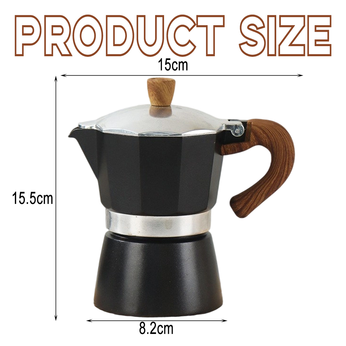 Ein schwarzer Kaffeebereiter mit Holzgriff. Die Abmessungen sind 15 cm x 15,5 cm x 8,2 cm. Der Text "PRODUKTGRÖSSE" steht oben.