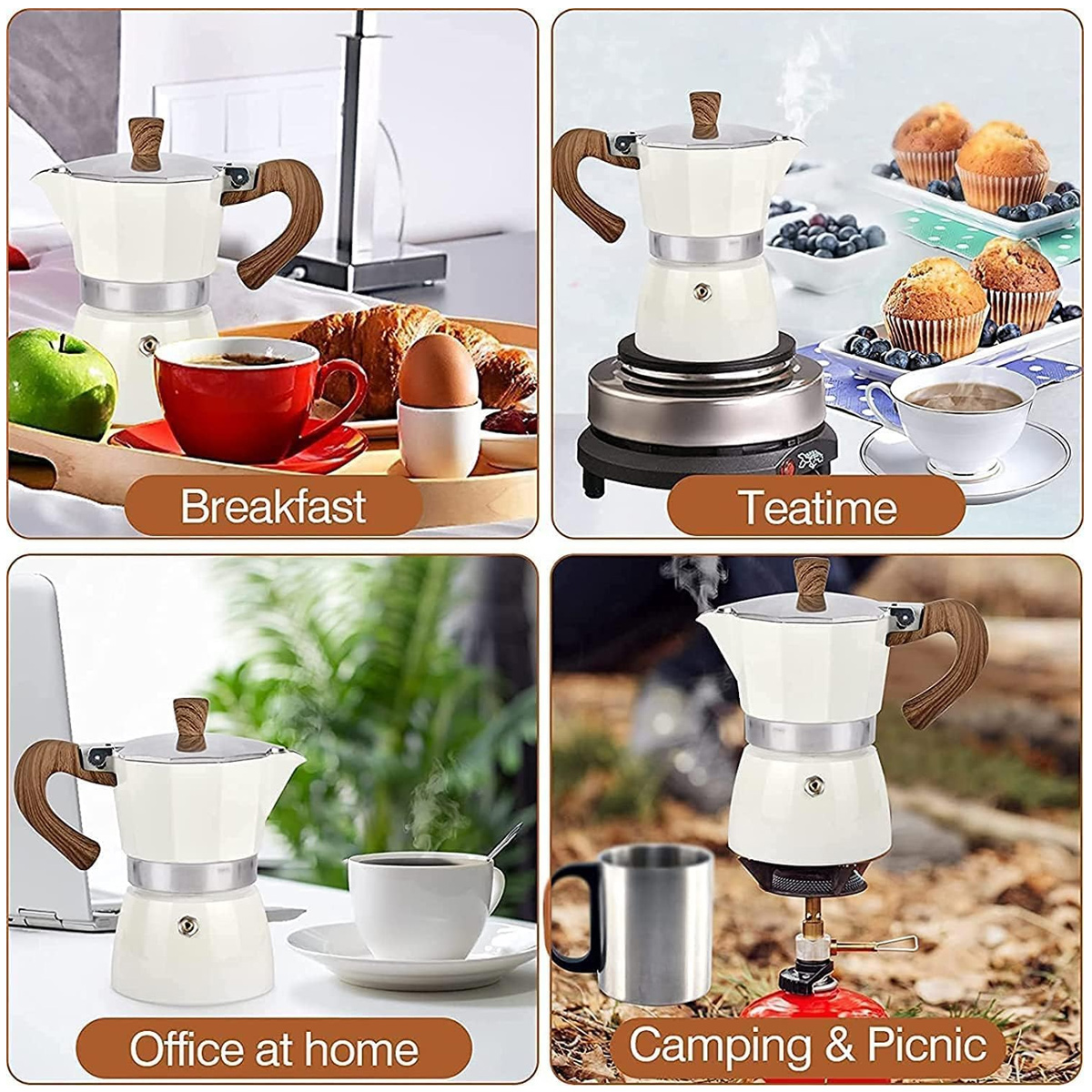 Weißer Kaffeebereiter mit Holzgriff in vier verschiedenen Umgebungen: Frühstück, Teezeit, Büro zu Hause, Camping & Picknick.