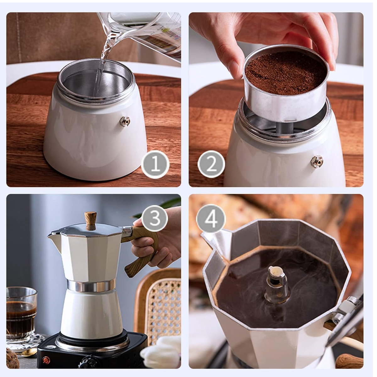 Kaffeezubereitung in vier Schritten: Wasser gießen, Kaffee hinzufügen, auf dem Herd brühen und gebrühten Kaffee.