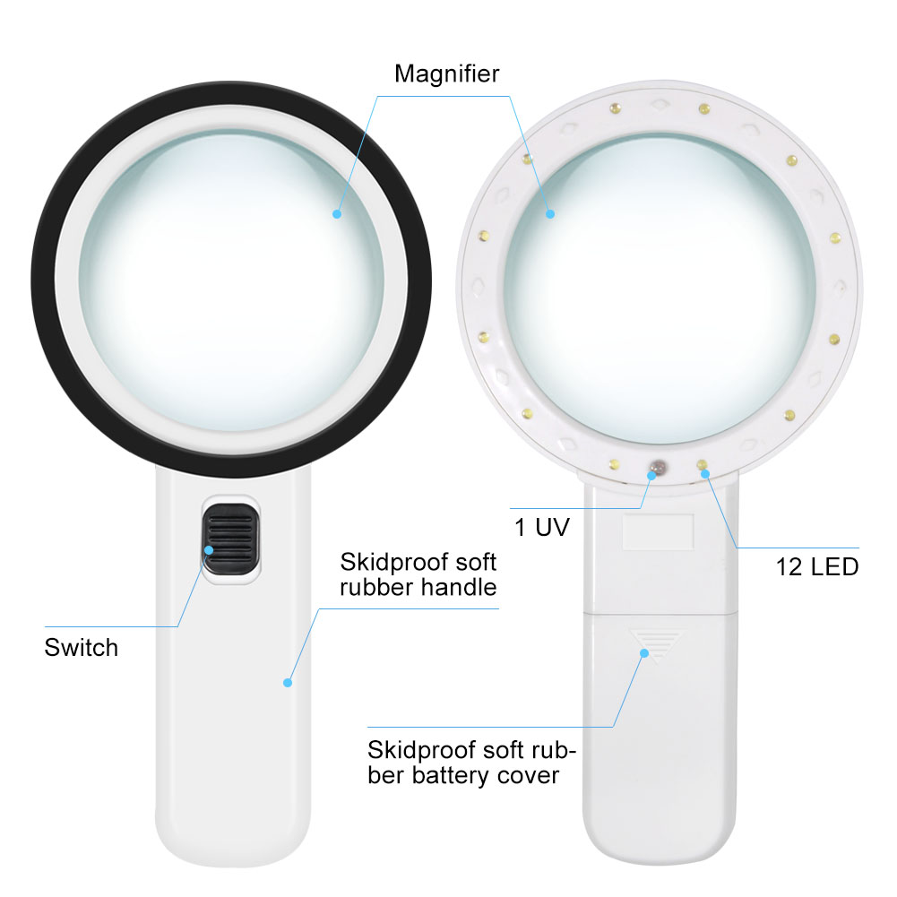 Zwei Lupen sind abgebildet. Eine hat einen schwarzen Rahmen und die andere einen weißen Rahmen mit LED-Leuchten. Beide haben weiße Griffe.