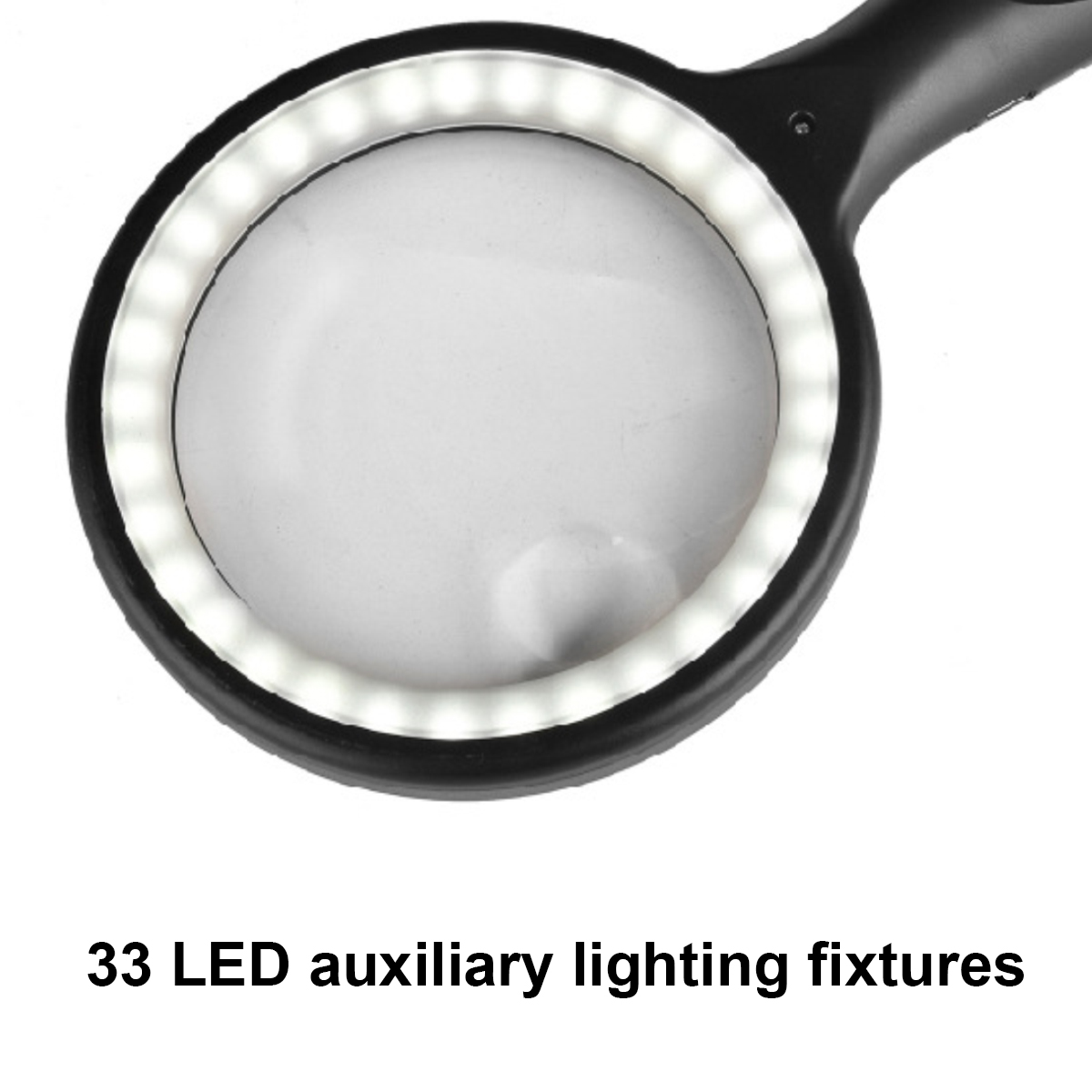 Eine schwarze Lupe mit 33 LED-Leuchten um die Linse. Der Griff ist schwarz. Die Linse ist klar.