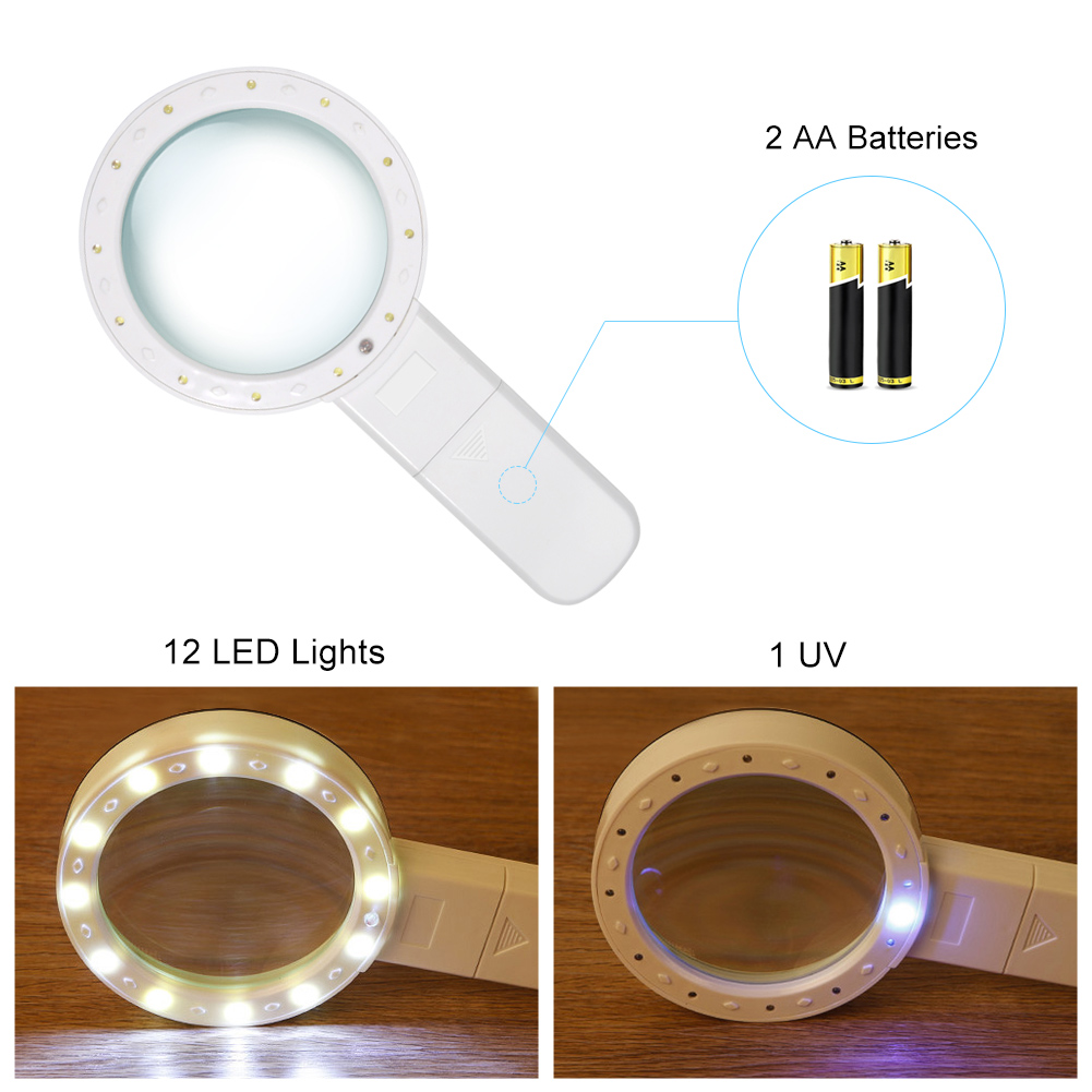 Eine weiße Lupe mit LED-Leuchten, 2 AA-Batterien und 1 UV-Licht. Zwei Nahaufnahmen zeigen beleuchtete Lichter.