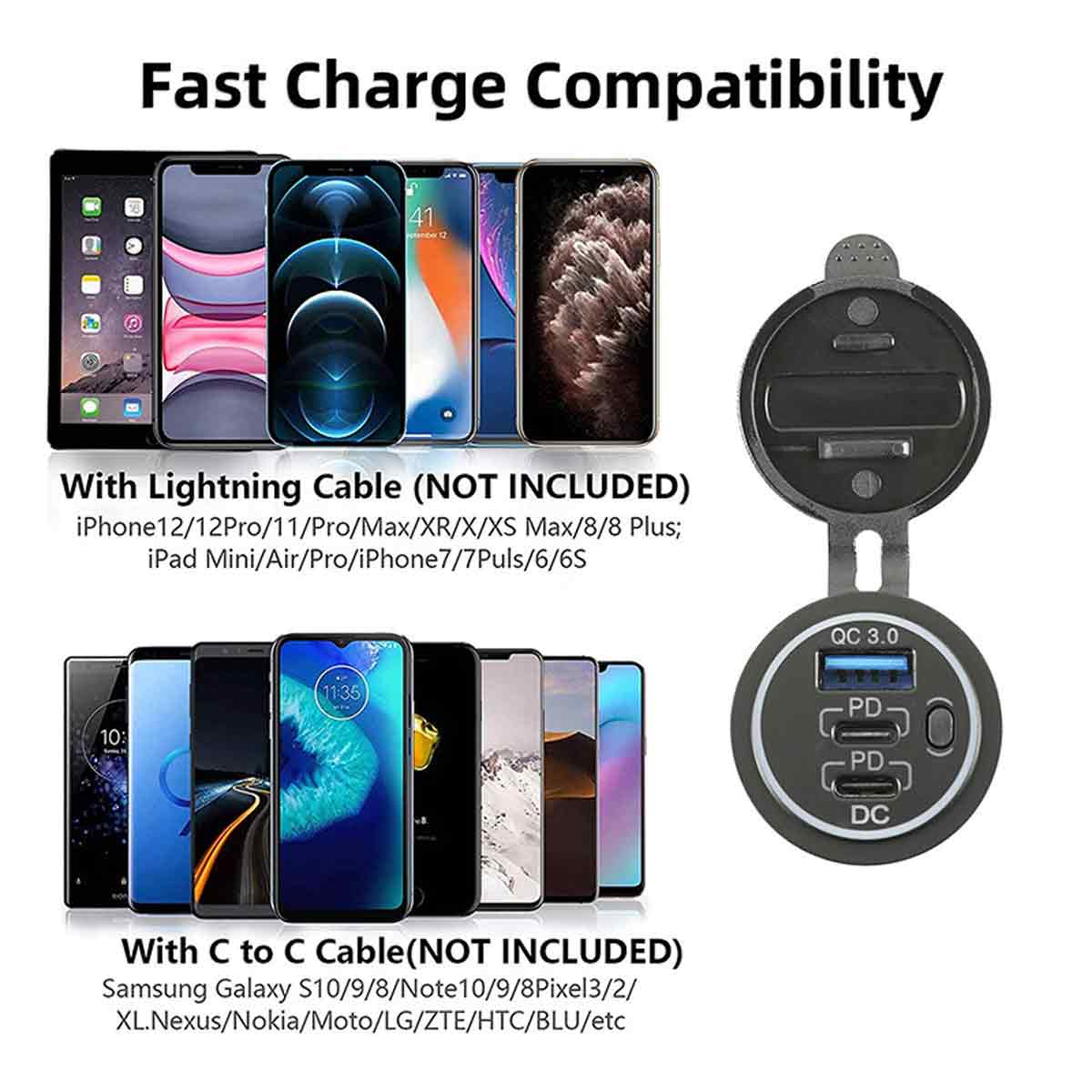 Das Bild zeigt Telefone und ein Ladegerät. Text weist auf Schnellladekompatibilität mit Lightning- und C-zu-C-Kabeln hin, nicht enthalten.