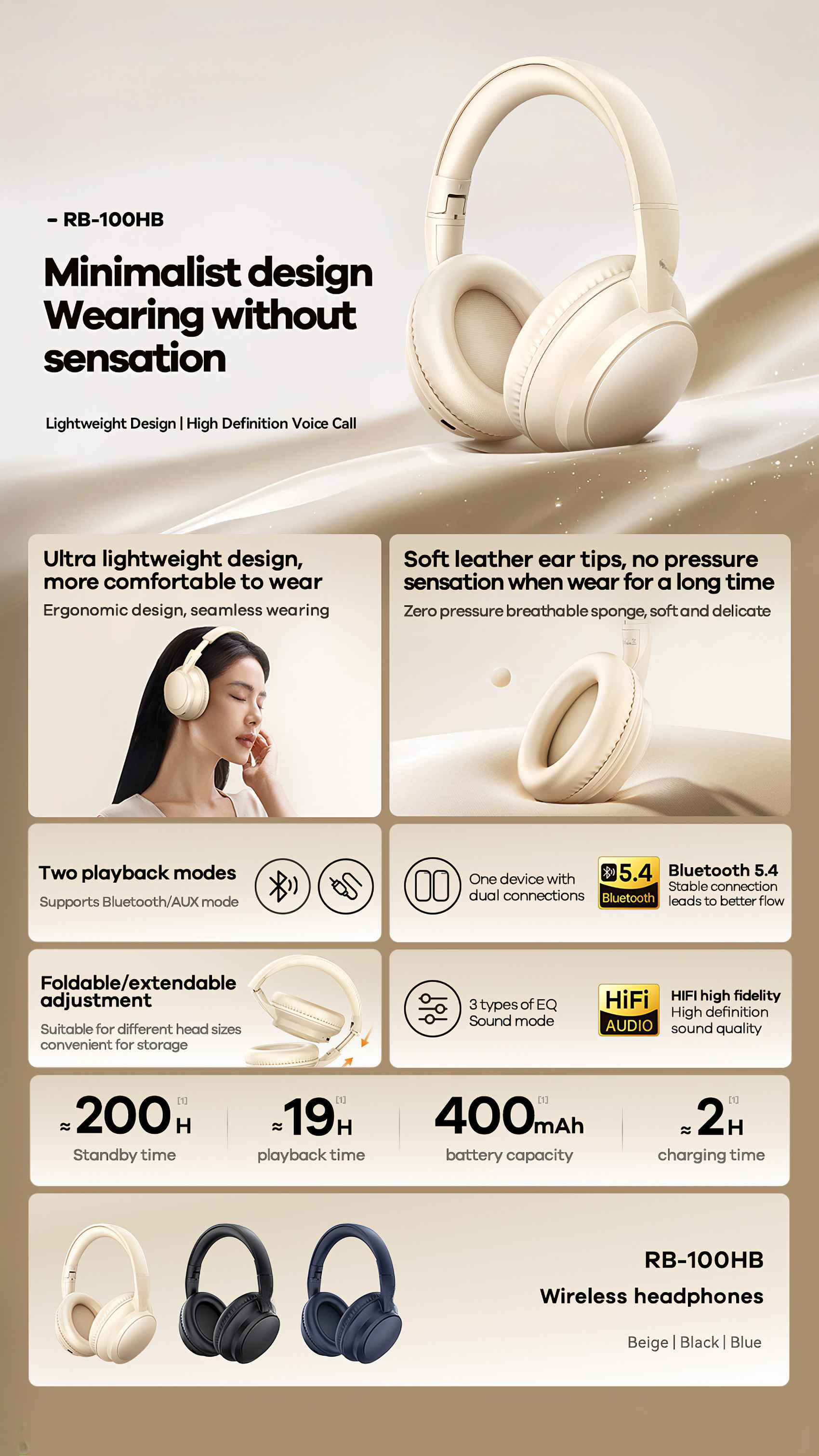 Werbung für kabellose RB-100HB-Kopfhörer. Merkmale sind minimalistisches Design, Bluetooth, HiFi-Audio und verschiedene Farboptionen.