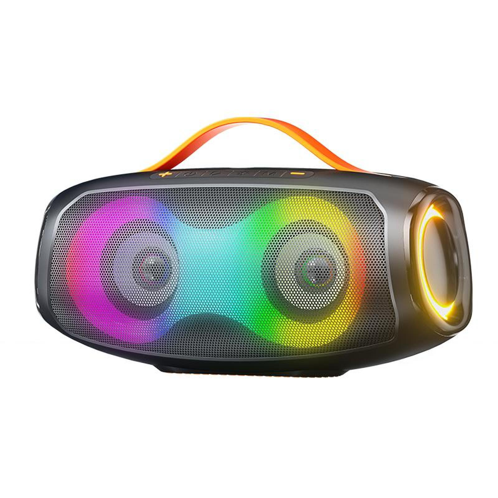 Ein schwarzer Lautsprecher mit einem Mesh-Front, bunten Lichtern, einem orangefarbenen Griff und einem weißen Hintergrund.