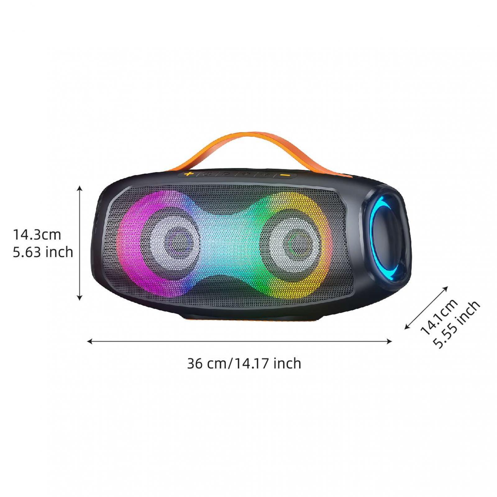 Schwarzer Lautsprecher mit orangefarbenem Griff. Er hat zwei Lautsprechergitter mit Regenbogenlichtern. Abmessungen werden angezeigt.