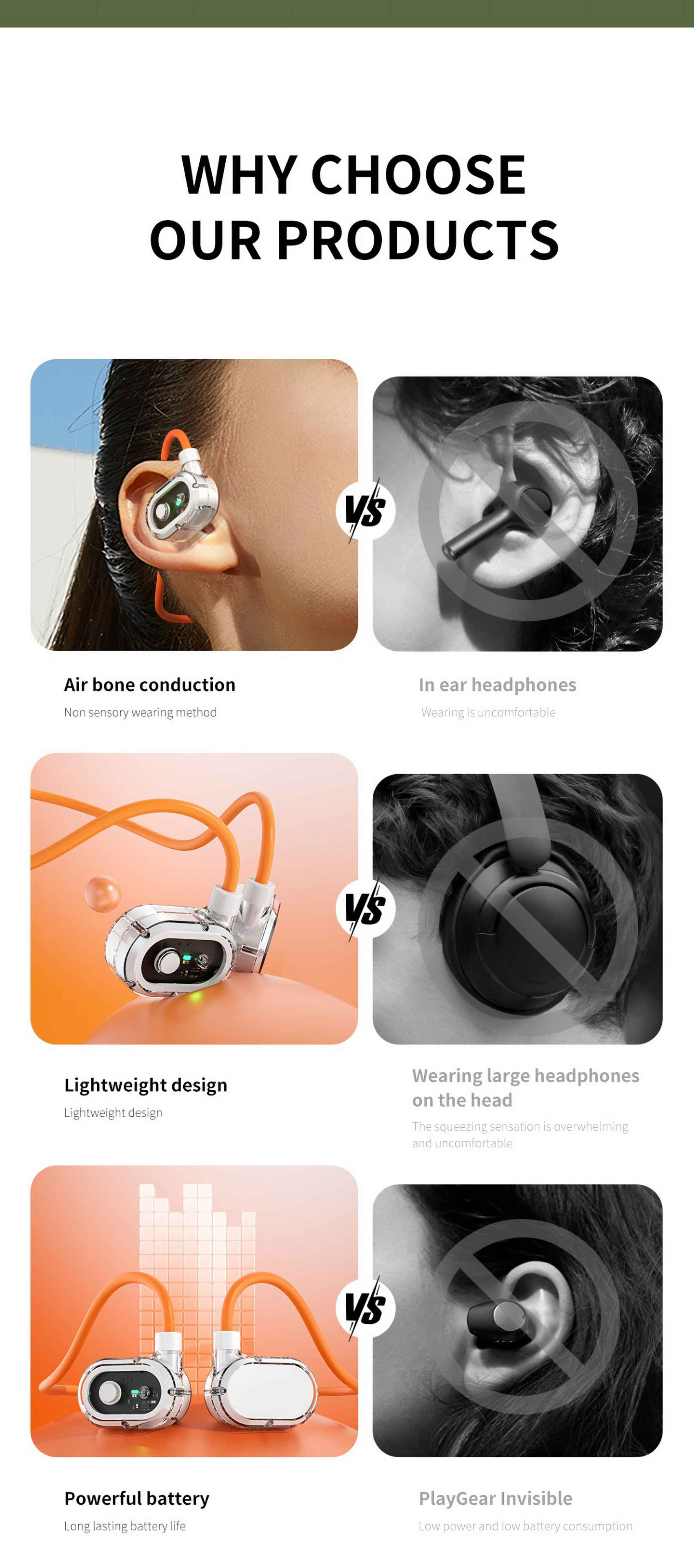 Eine Werbung zeigt Kopfhörer. Sie vergleicht: Knochenleitung vs. In-Ear, leicht vs. große Kopfhörer und Akku.