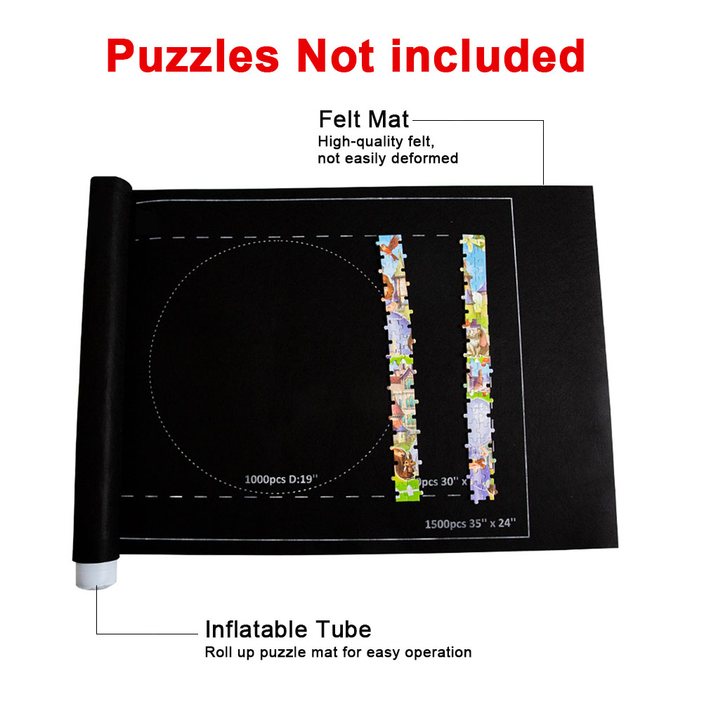 Eine schwarze Puzzleteppich mit Puzzleteilen. Text weist darauf hin, dass es für Puzzles ist, nicht enthalten. Enthält eine aufblasbare Rolle.